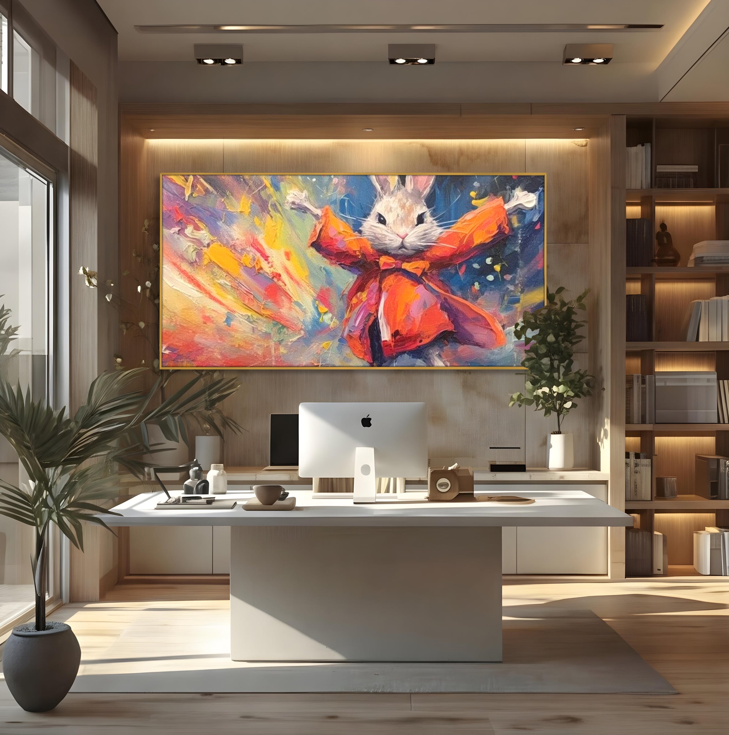 Tablou canvas cu tablou canvas cu iepuras magician colorat, in rama de aluminiu auriu, pe perete intr-un birou