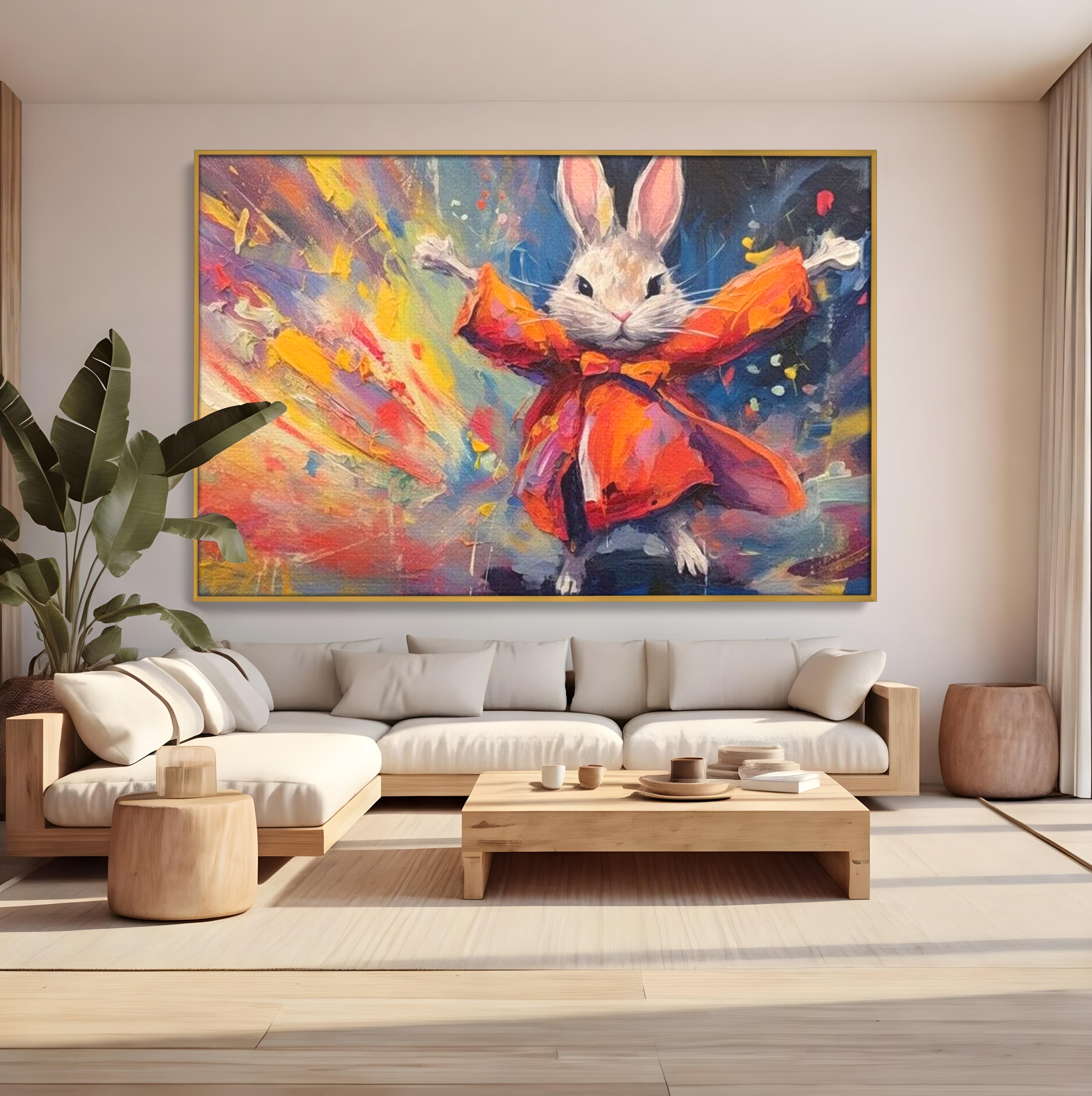 Tablou canvas cu tablou canvas cu iepuras magician colorat, in rama de aluminiu auriu, pe perete intr-un living