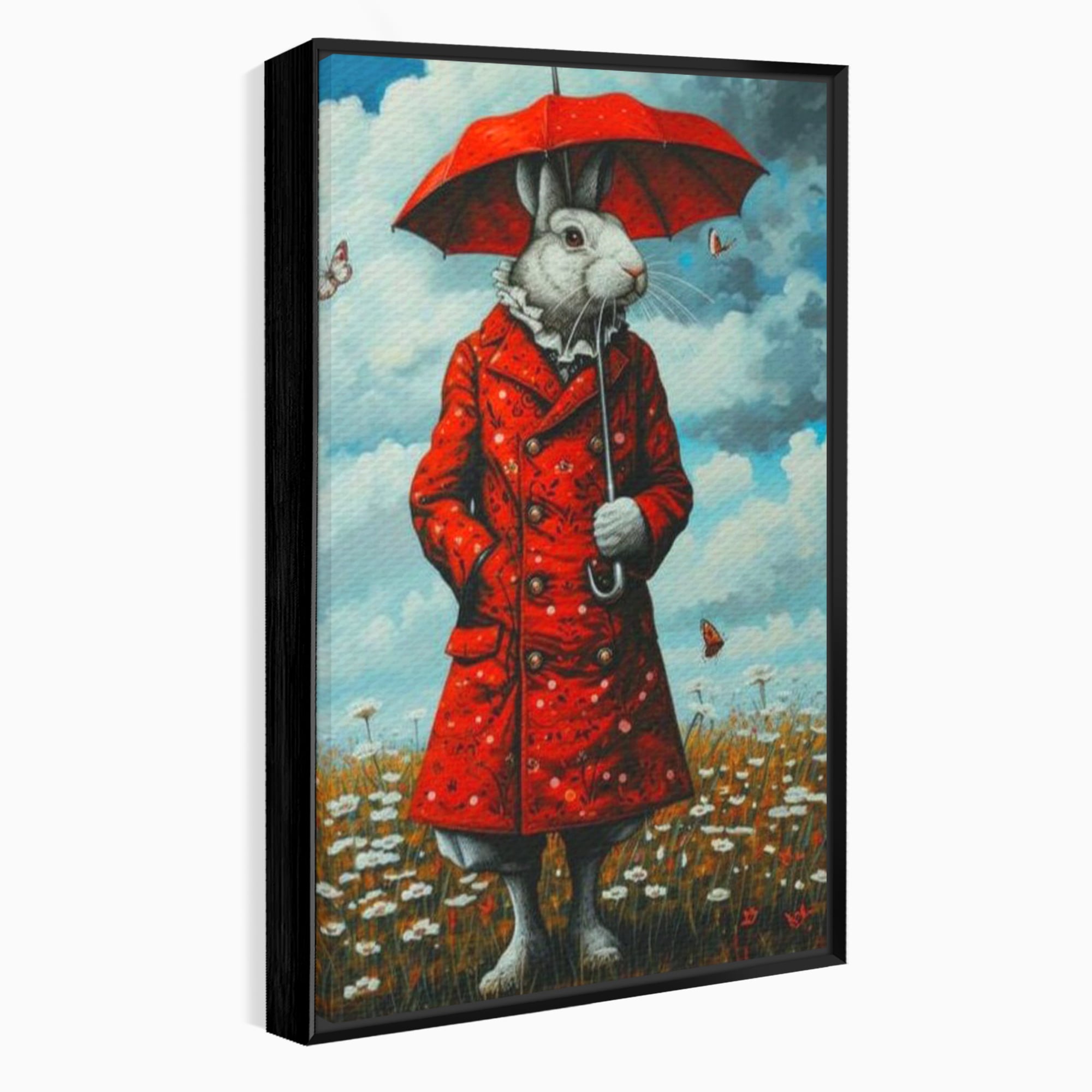 Tablou canvas cu tablou canvas cu iepure antropomorf in haina rosie, in rama de aluminiu negru