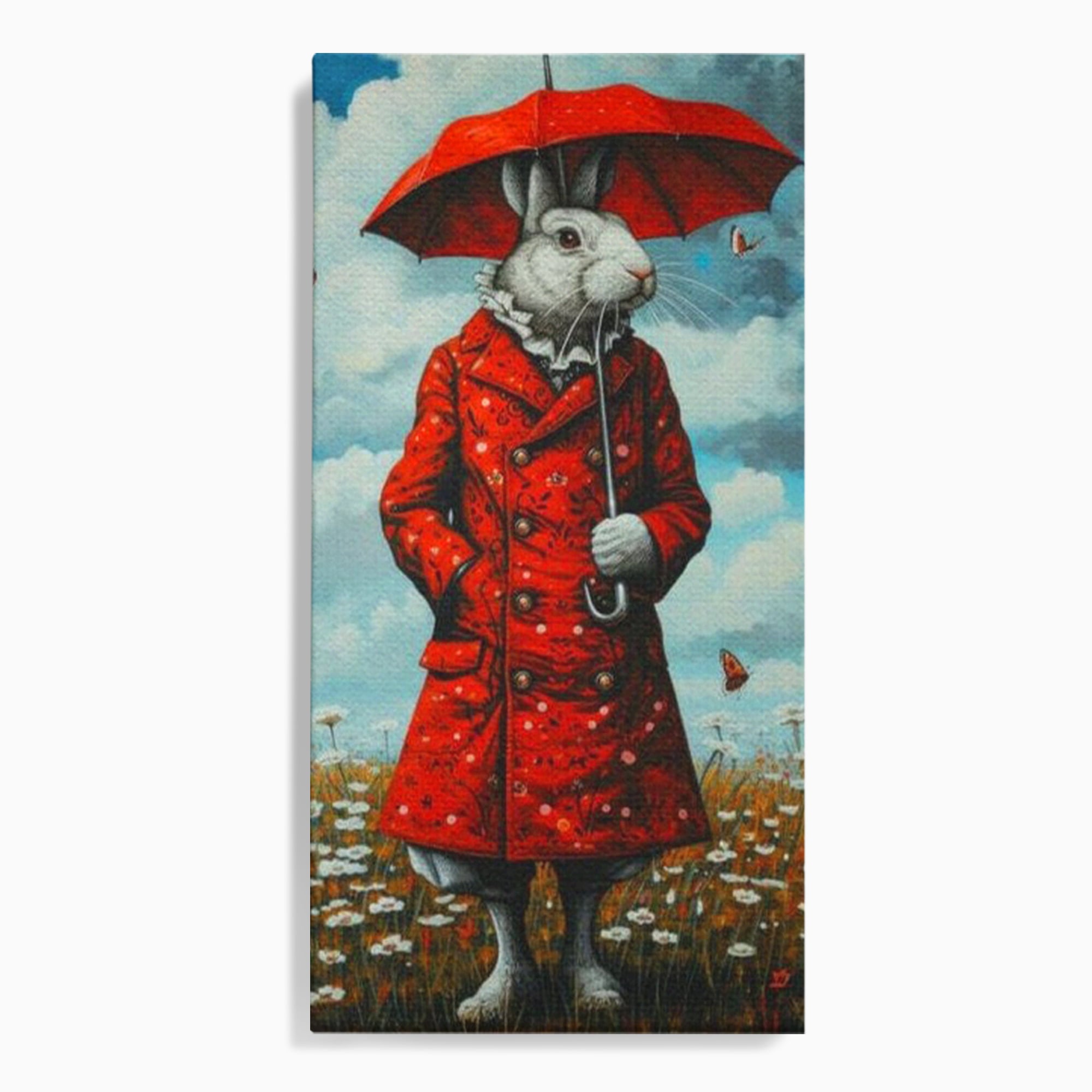 Tablou canvas cu tablou canvas cu iepure antropomorf in haina rosie, fara rama, pe sasiu de lemn