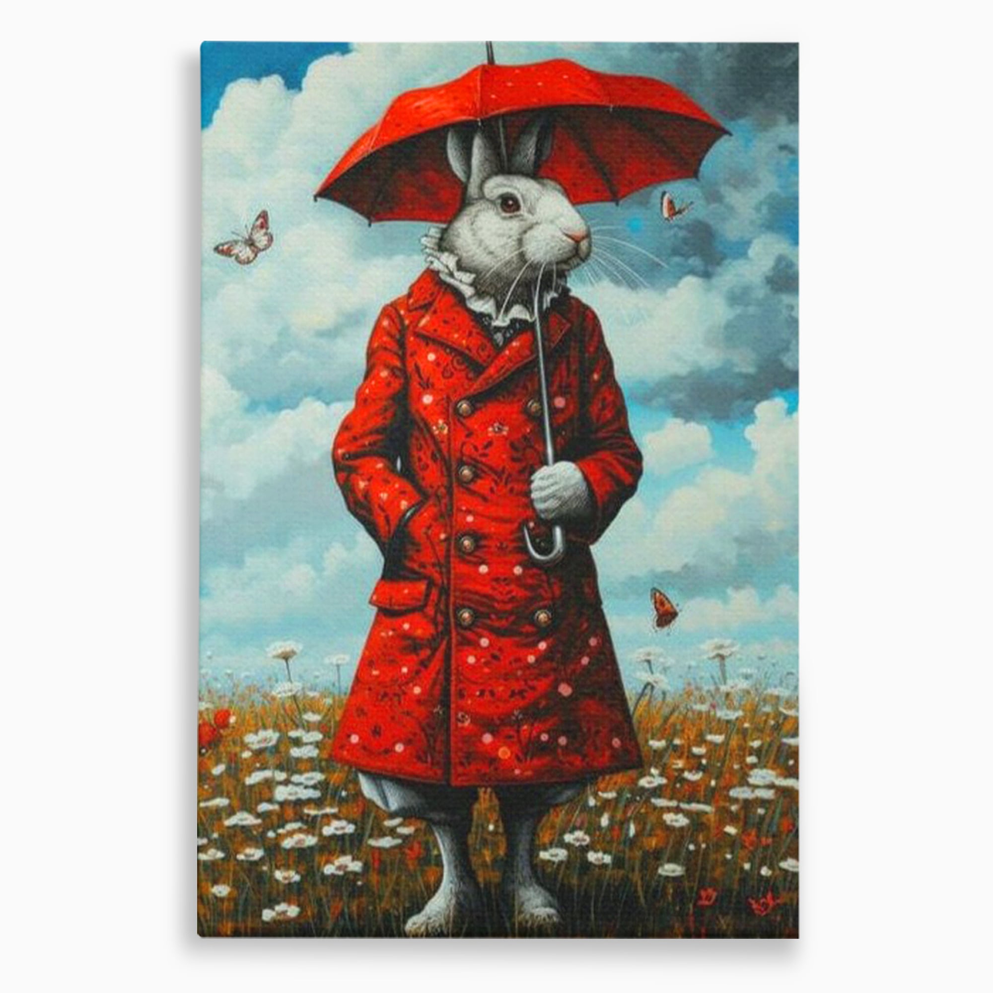 Tablou canvas cu tablou canvas cu iepure antropomorf in haina rosie, fara rama, pe sasiu de lemn