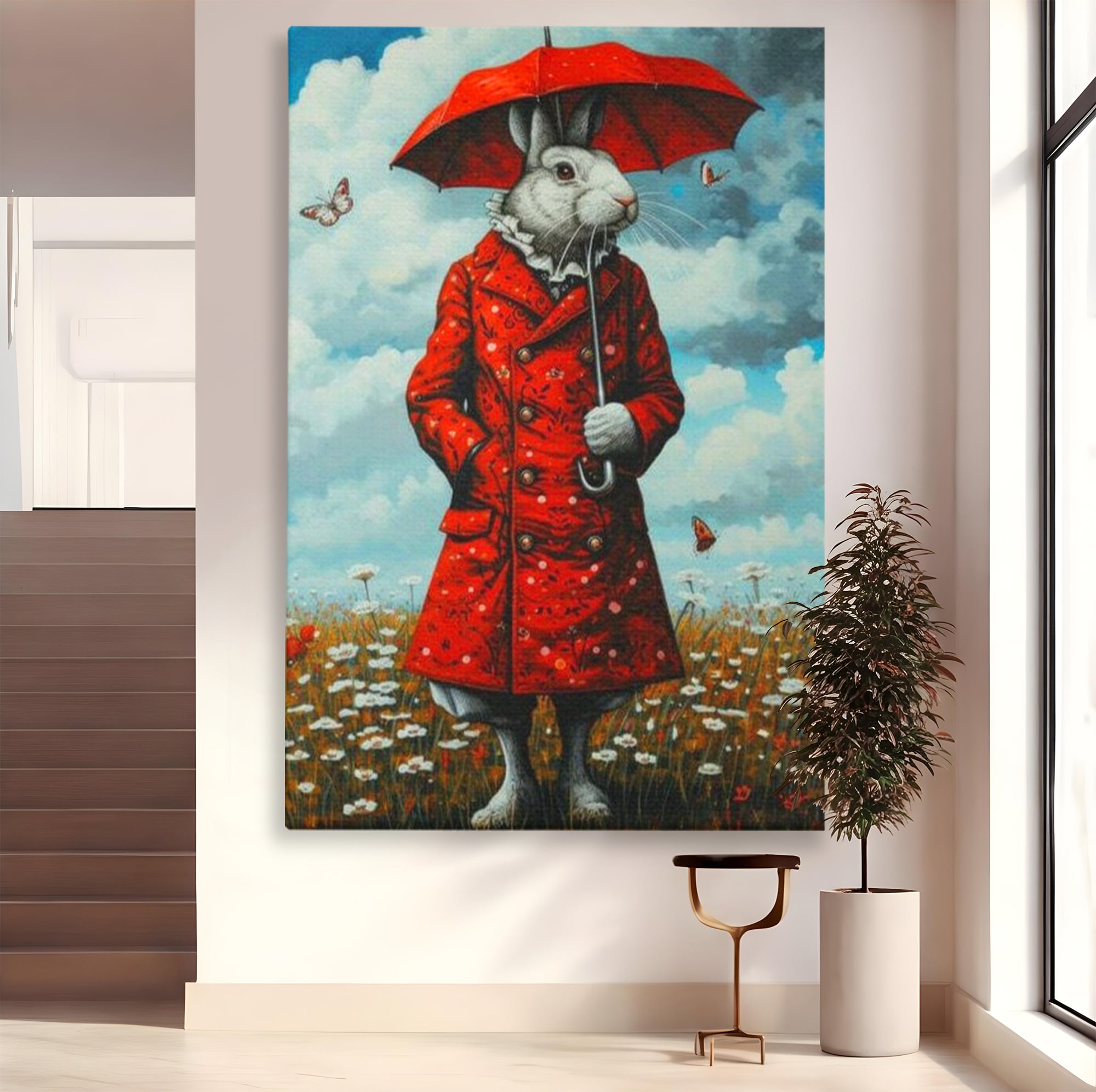 Tablou canvas cu tablou canvas cu iepure antropomorf in haina rosie, fara rama, pe sasiu de lemn