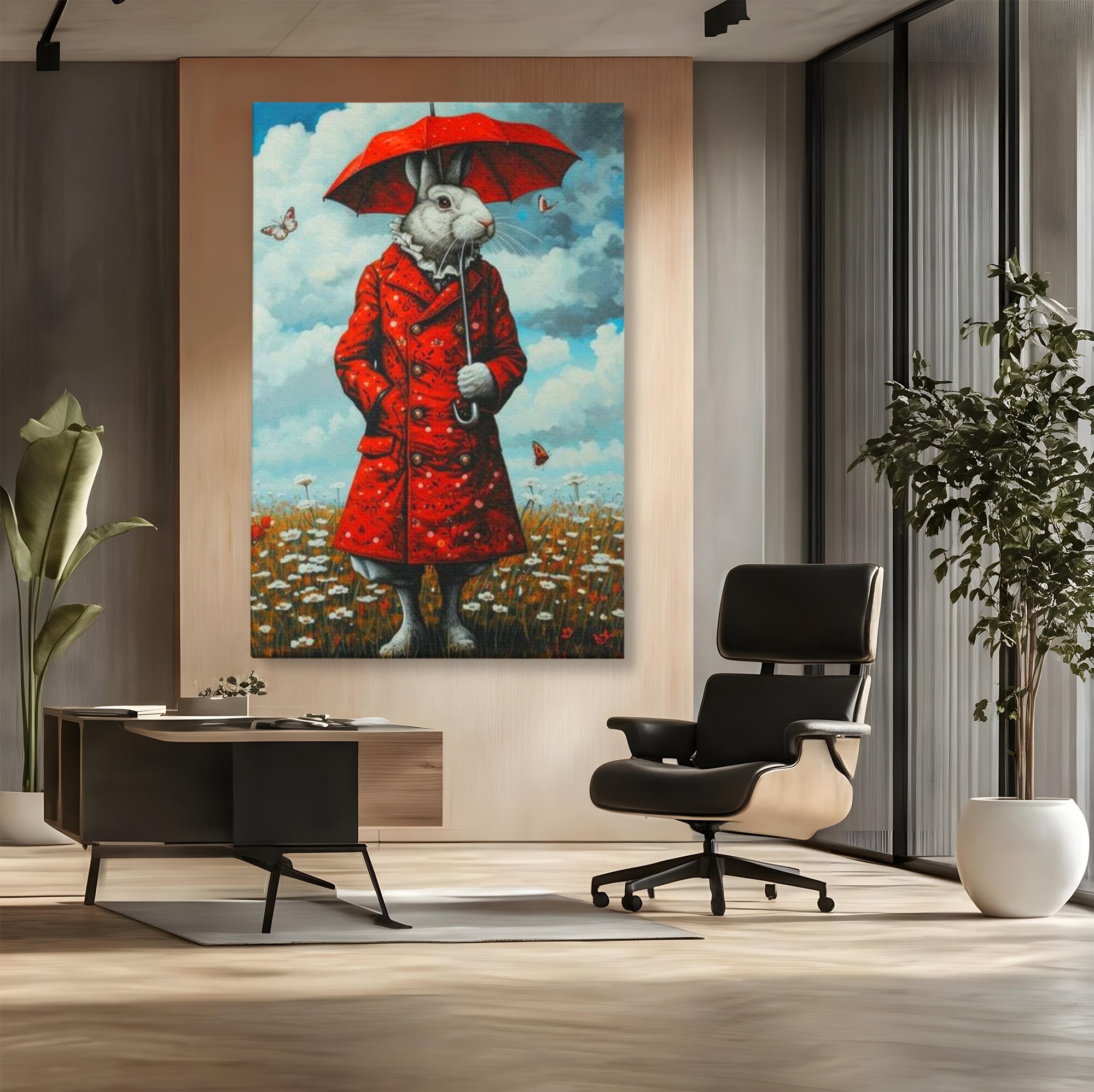 Tablou canvas cu tablou canvas cu iepure antropomorf in haina rosie, fara rama, pe sasiu de lemn, pe perete intr-un birou