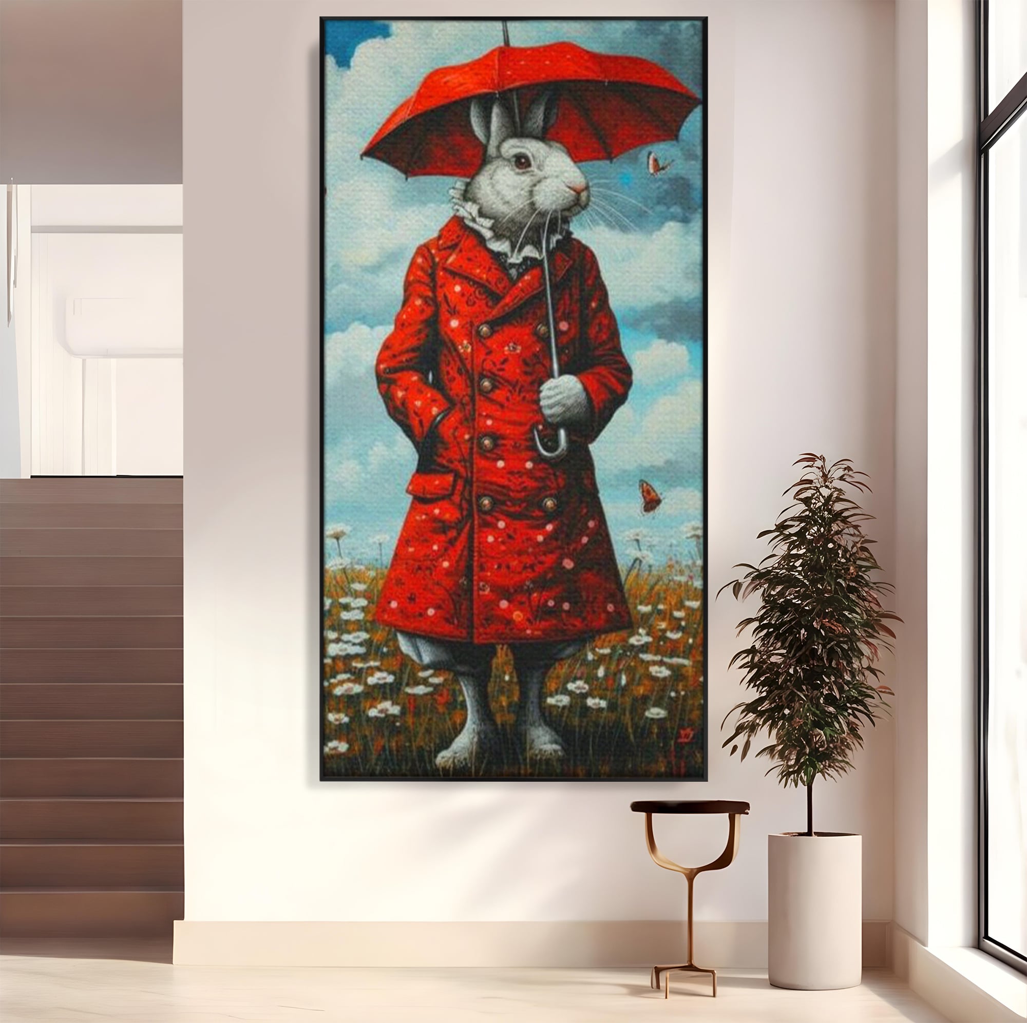 Tablou canvas cu tablou canvas cu iepure antropomorf in haina rosie, in rama de aluminiu negru