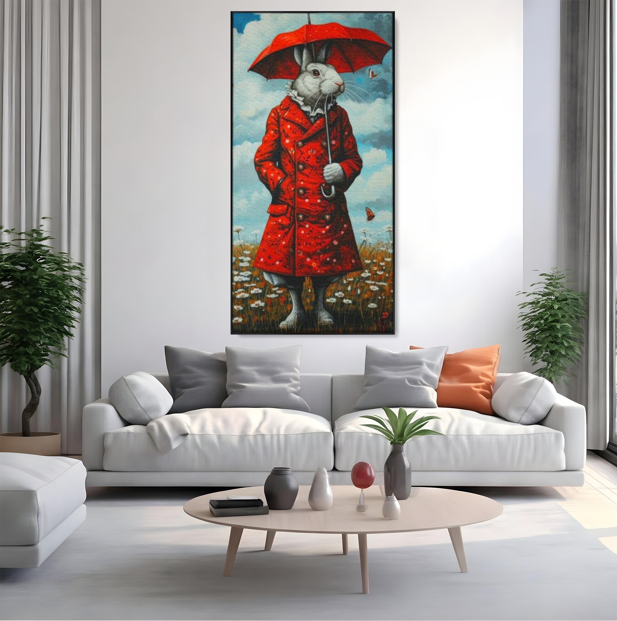 Tablou canvas cu tablou canvas cu iepure antropomorf in haina rosie, in rama de aluminiu negru, pe perete intr-un living