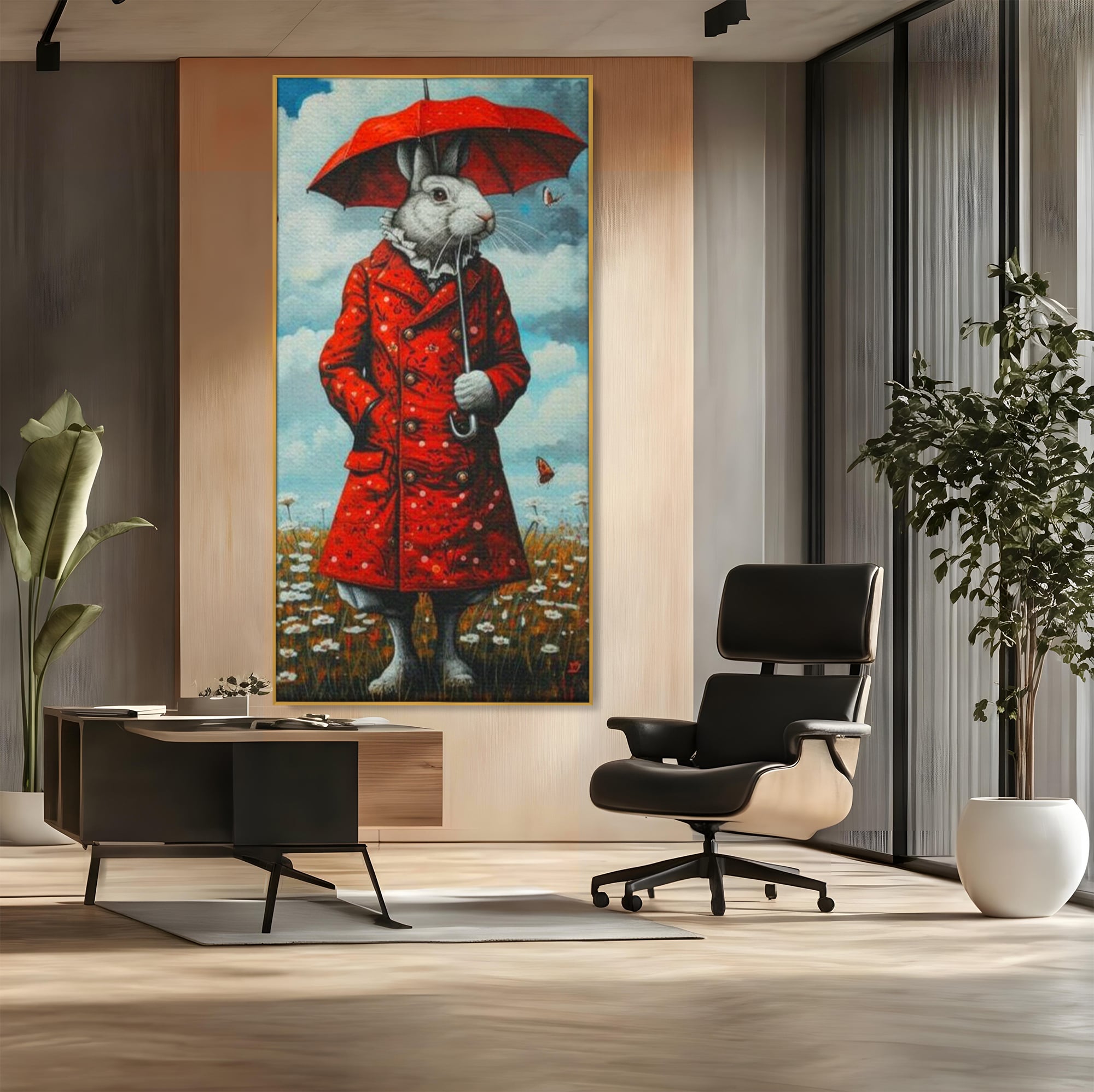 Tablou canvas cu tablou canvas cu iepure antropomorf in haina rosie, in rama de aluminiu auriu, pe perete intr-un birou