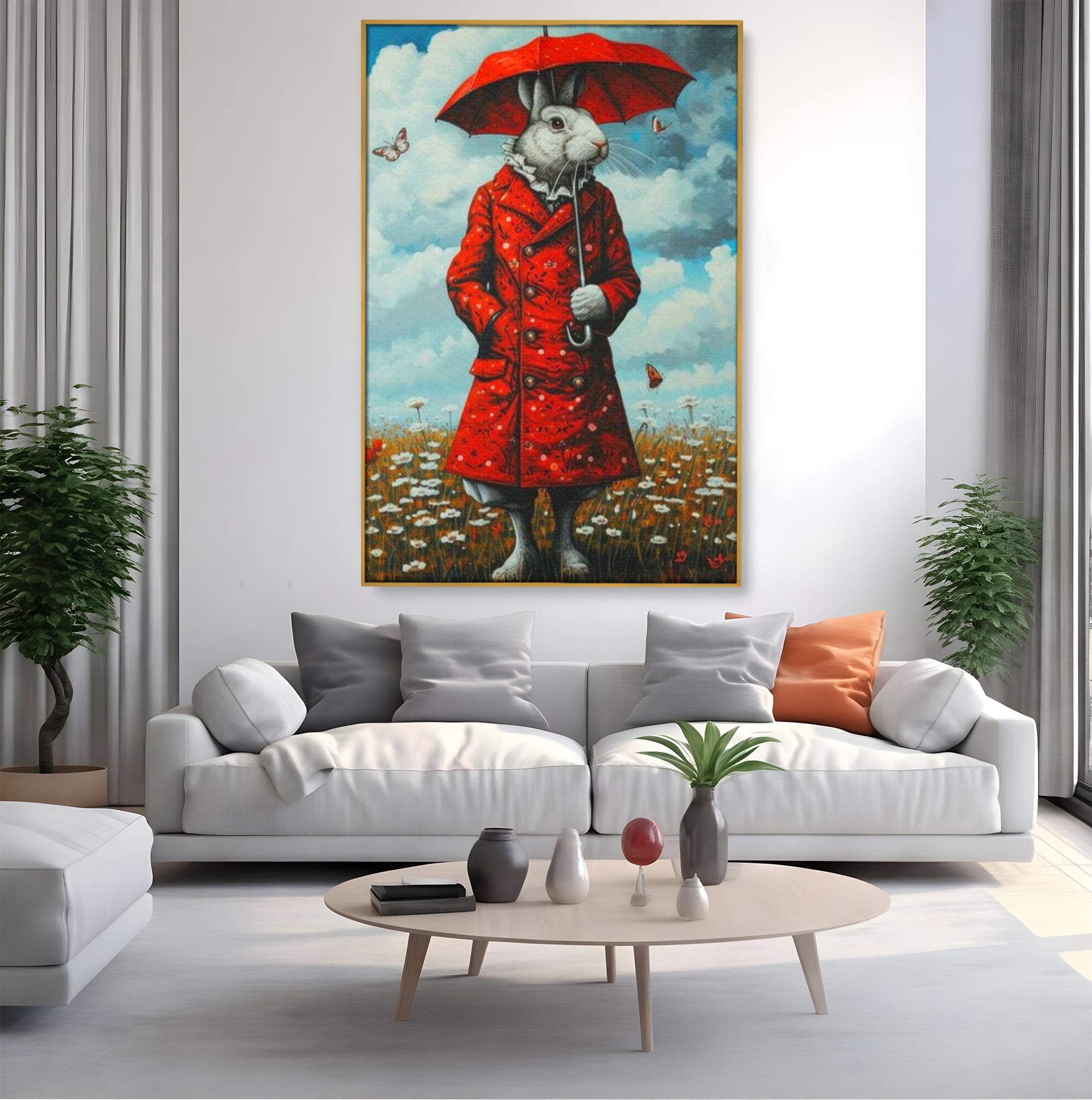 Tablou canvas cu tablou canvas cu iepure antropomorf in haina rosie, in rama de aluminiu auriu, pe perete intr-un living