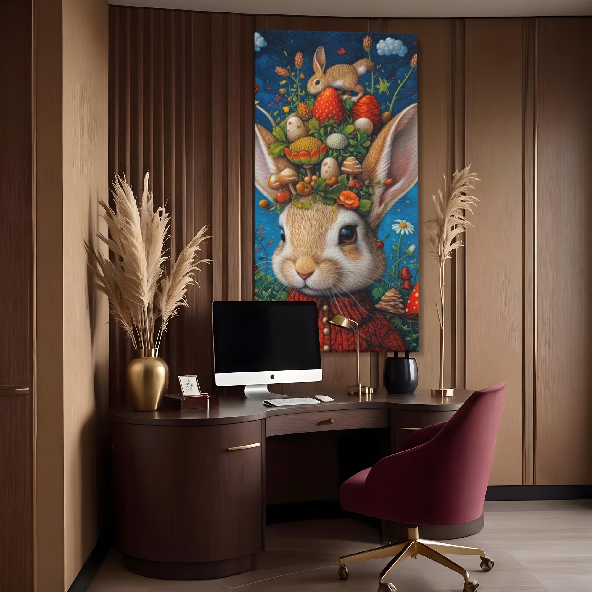 Tablou canvas cu tablou canvas cu iepuras fantastico-forestier, fara rama, pe sasiu de lemn, pe perete intr-un birou