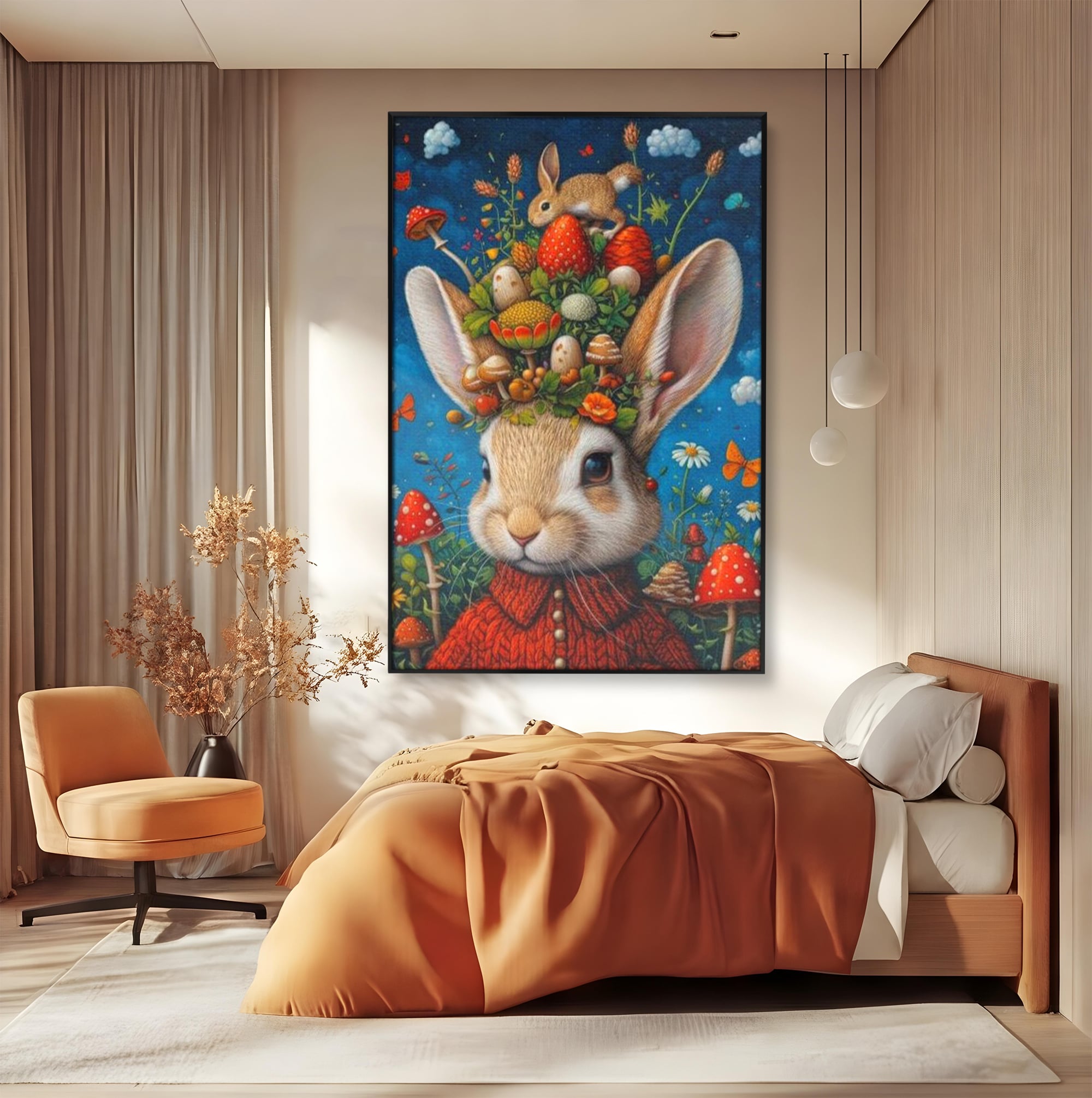 Tablou canvas cu tablou canvas cu iepuras fantastico-forestier, in rama de aluminiu negru, pe perete intr-un dormitor