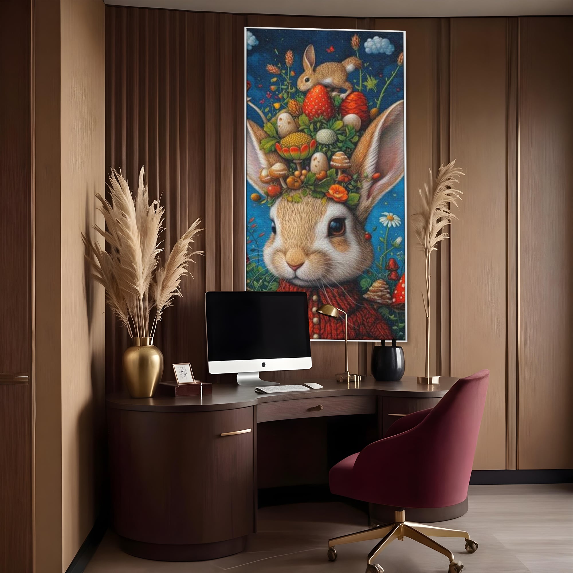 Tablou canvas cu tablou canvas cu iepuras fantastico-forestier, in rama de aluminiu argintiu, pe perete intr-un birou