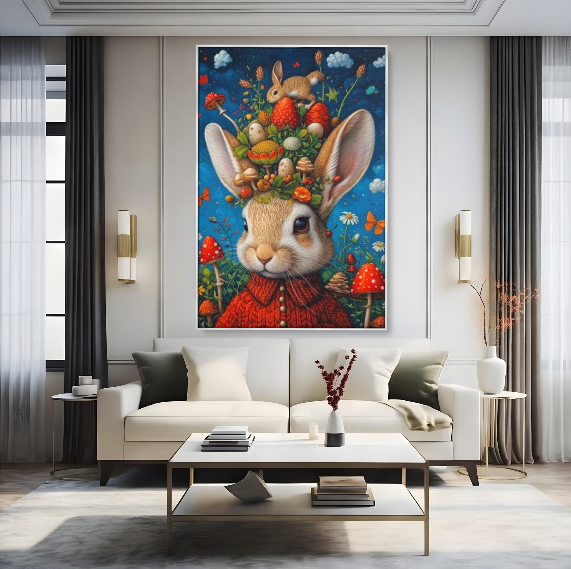 Tablou canvas cu tablou canvas cu iepuras fantastico-forestier, in rama de aluminiu argintiu, pe perete intr-un living
