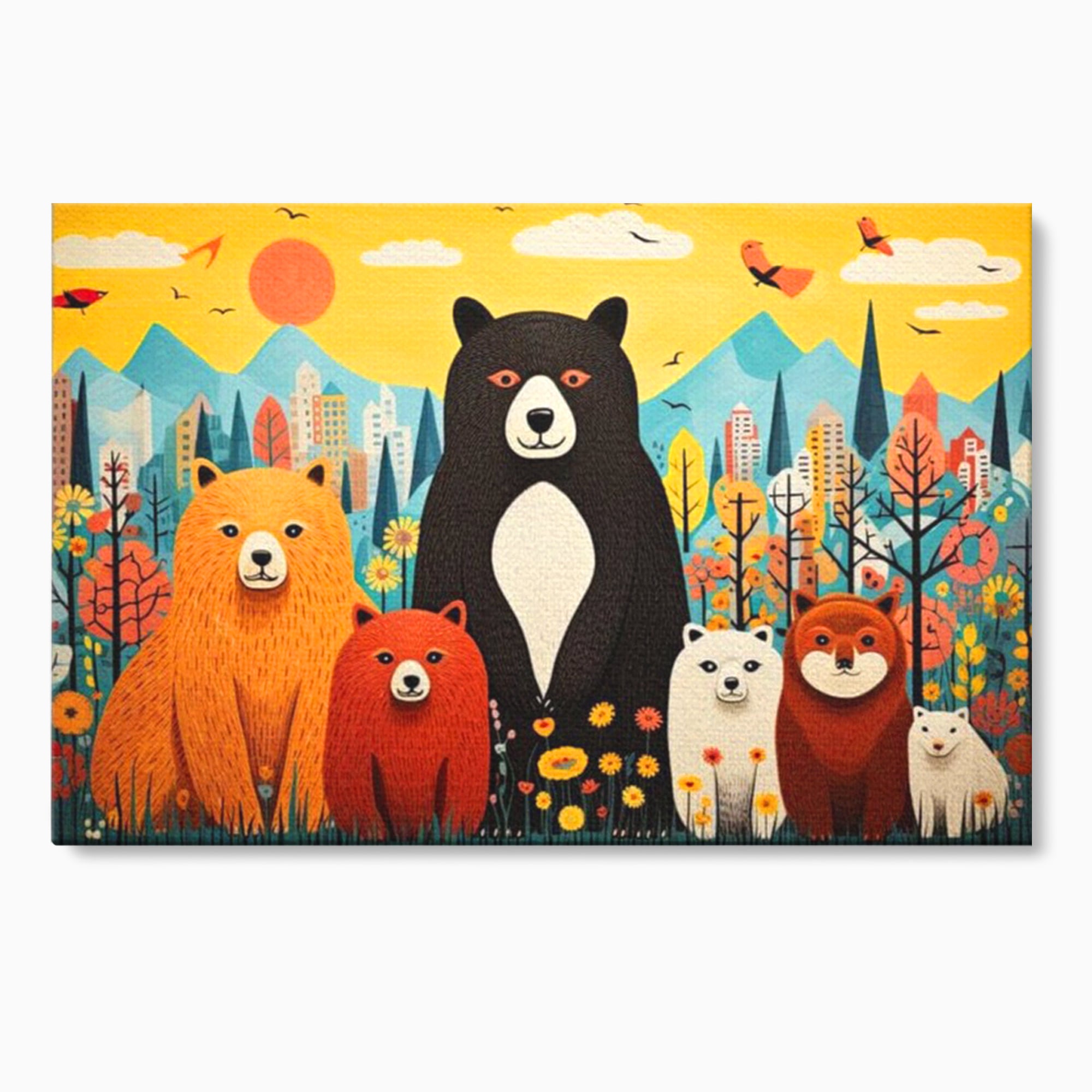 Tablou canvas cu ilustratie cu sapte ursuleti in natura, fara rama, pe sasiu de lemn