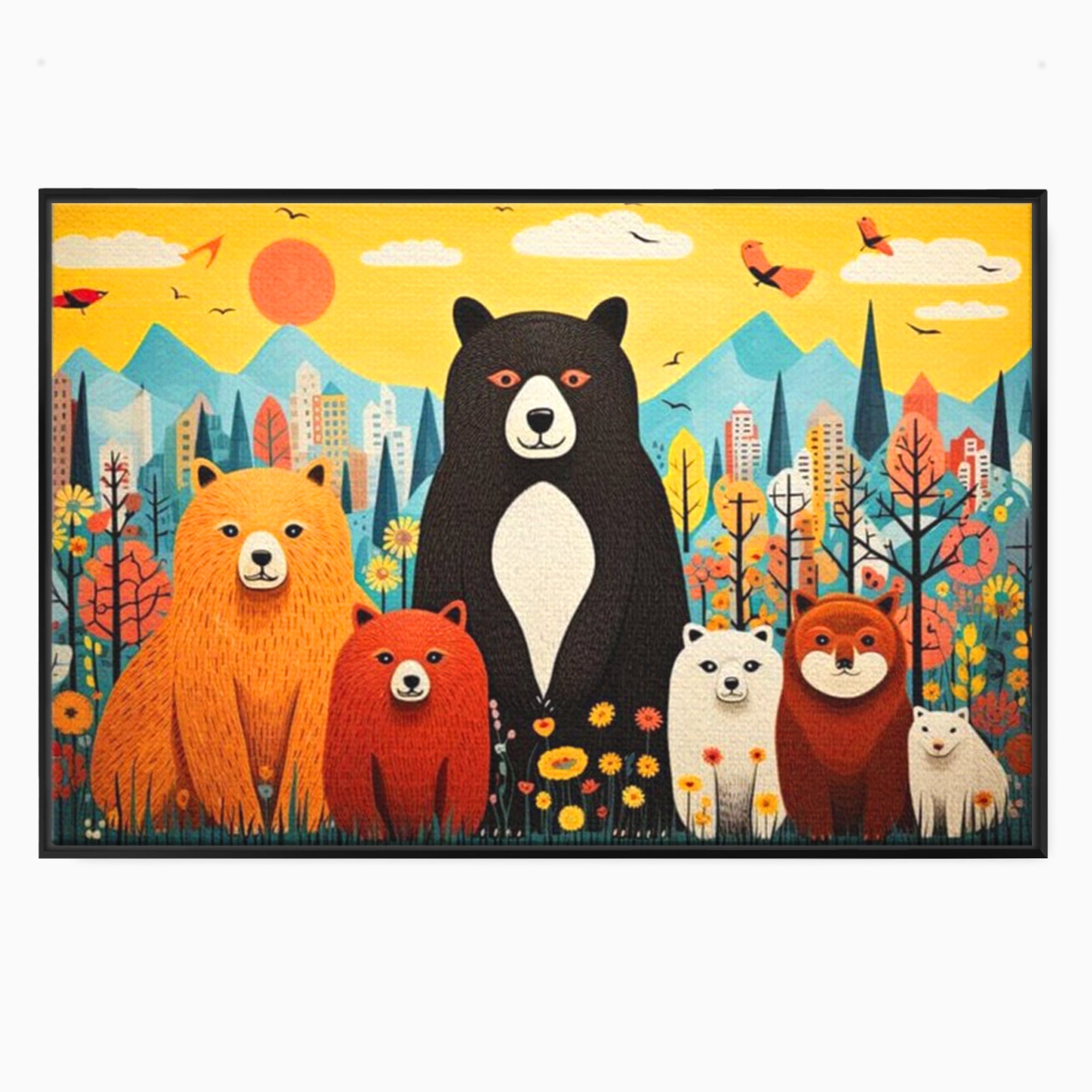 Tablou canvas cu ilustratie cu sapte ursuleti in natura, in rama de aluminiu negru