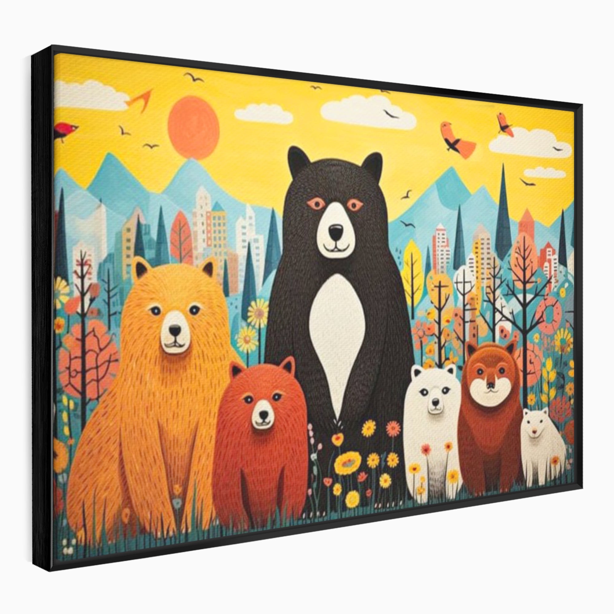 Tablou canvas cu ilustratie cu sapte ursuleti in natura, in rama de aluminiu negru