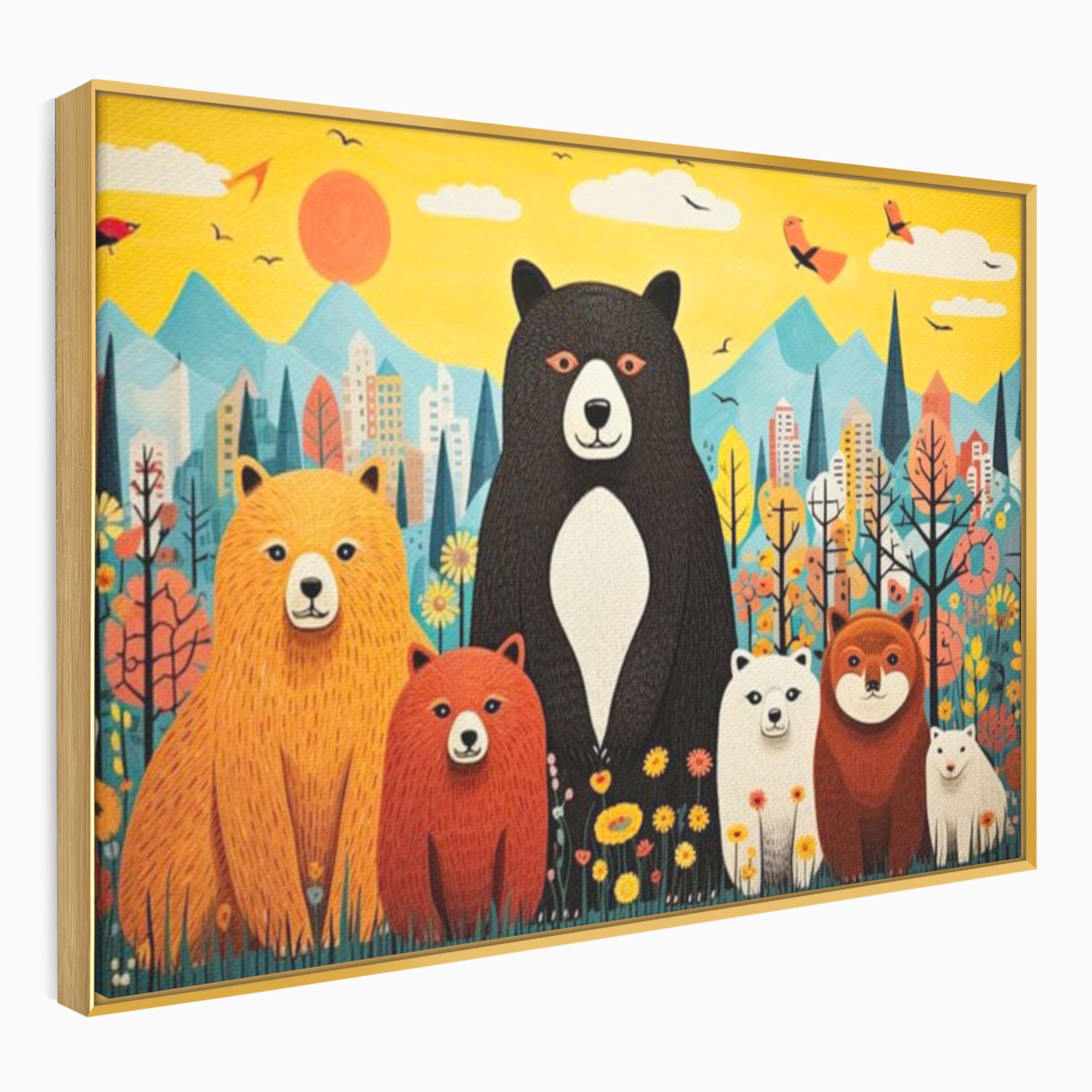 Tablou canvas cu ilustratie cu sapte ursuleti in natura, in rama de aluminiu auriu