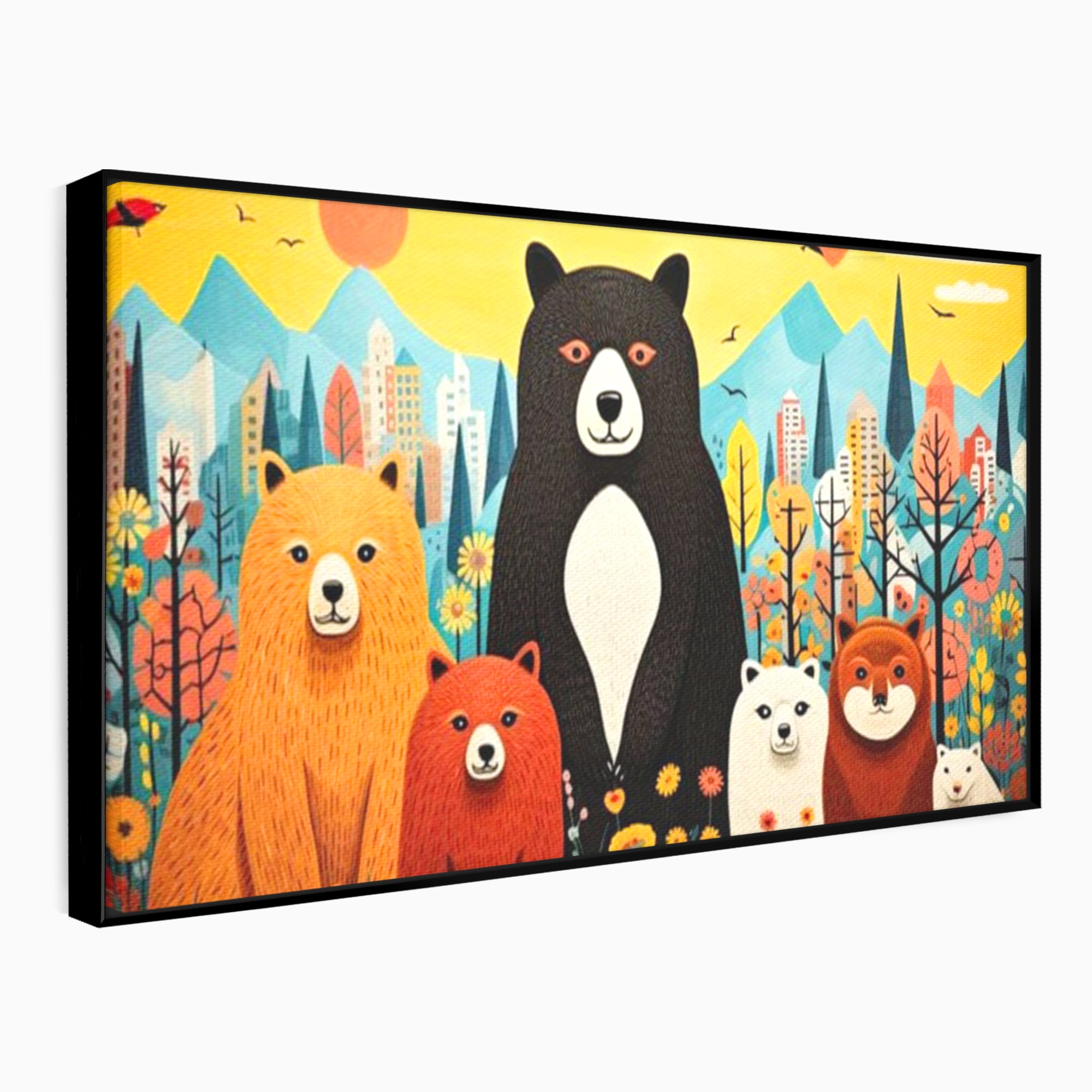 Tablou canvas cu ilustratie cu sapte ursuleti in natura, in rama de aluminiu negru