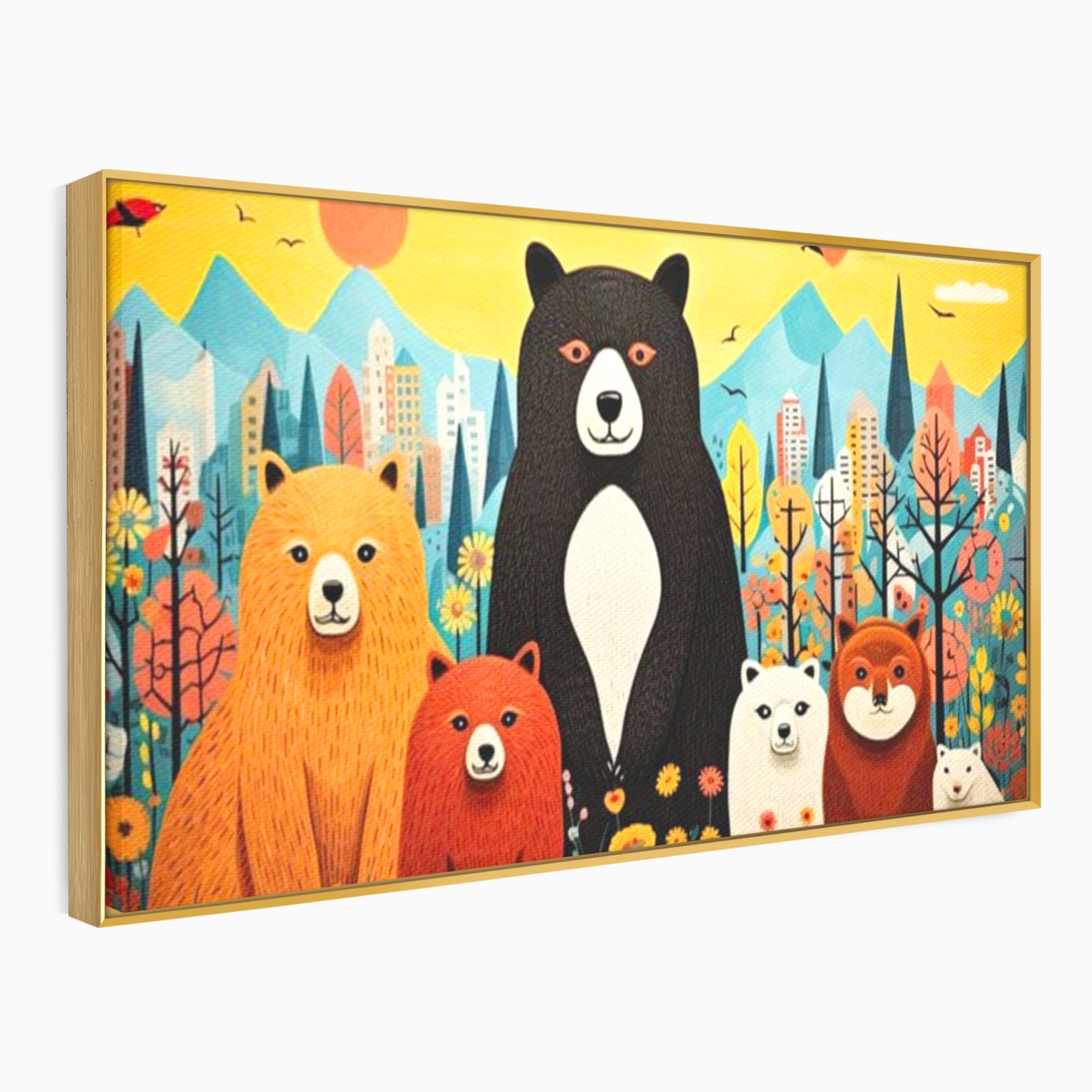 Tablou canvas cu ilustratie cu sapte ursuleti in natura, in rama de aluminiu auriu