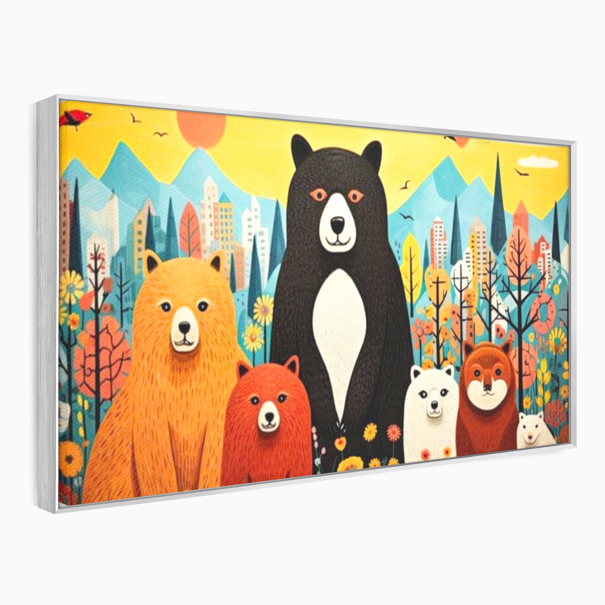 Tablou canvas cu ilustratie cu sapte ursuleti in natura, in rama de aluminiu argintiu