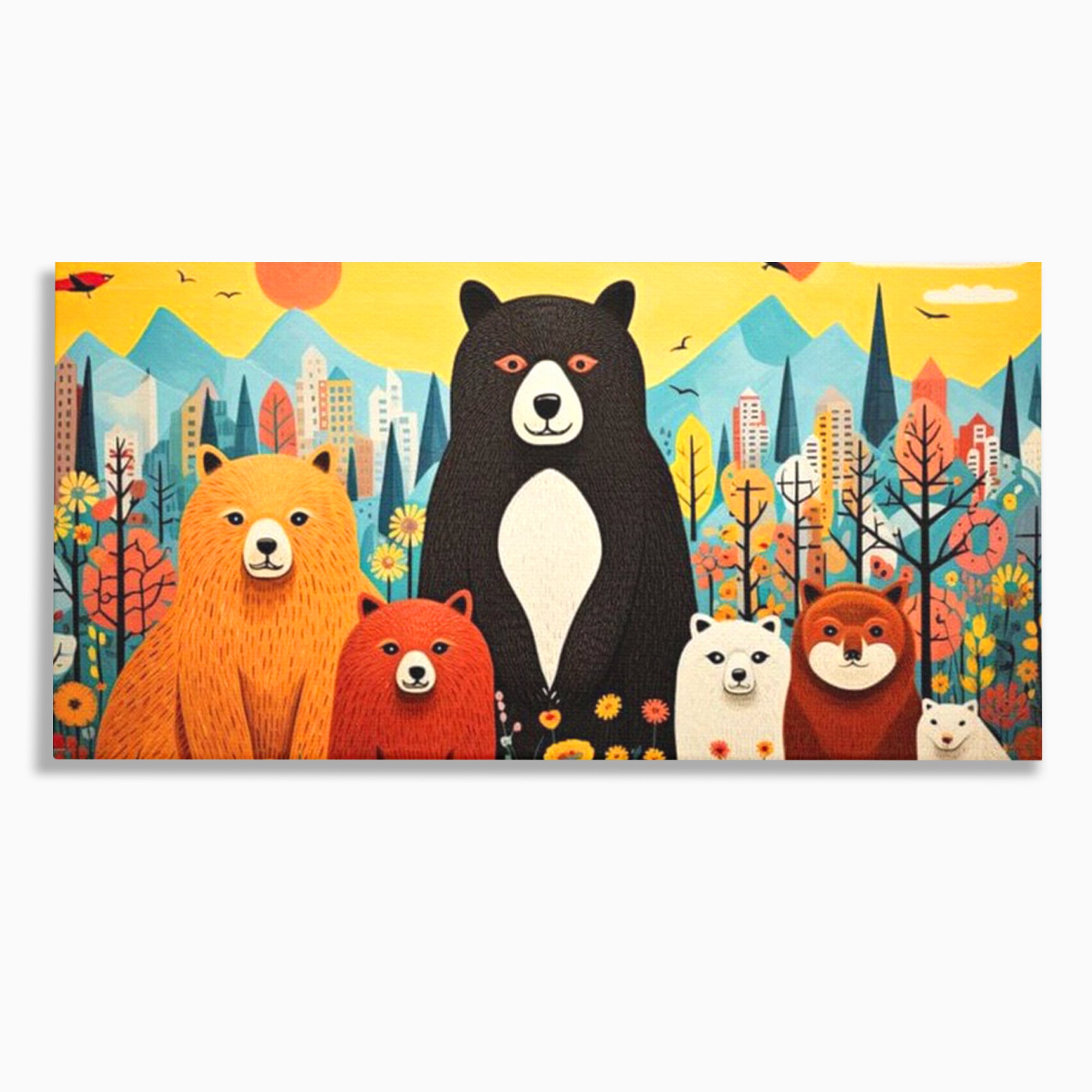 Tablou canvas cu ilustratie cu sapte ursuleti in natura, fara rama, pe sasiu de lemn