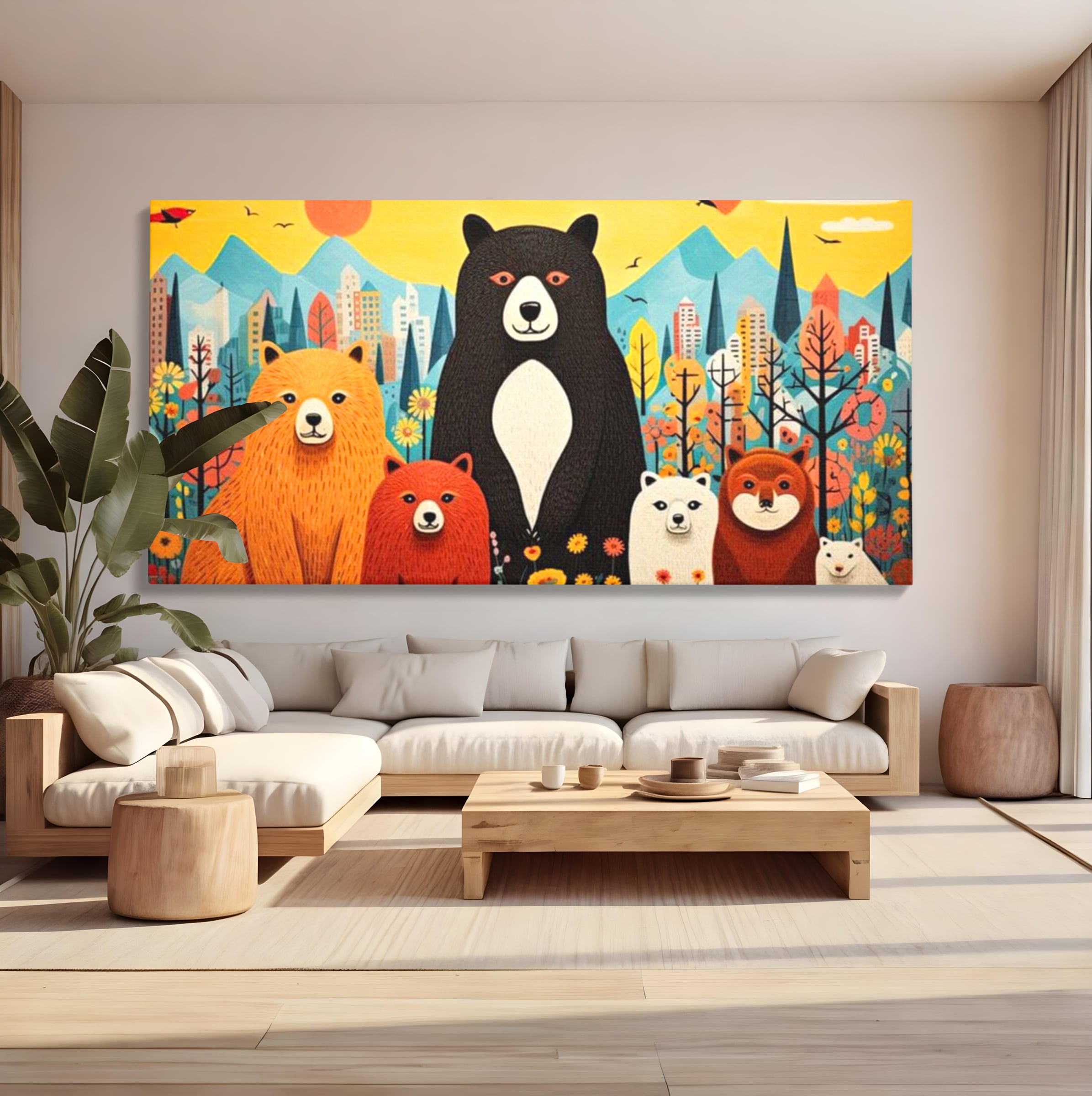 Tablou canvas cu ilustratie cu sapte ursuleti in natura, fara rama, pe sasiu de lemn, pe perete intr-un living