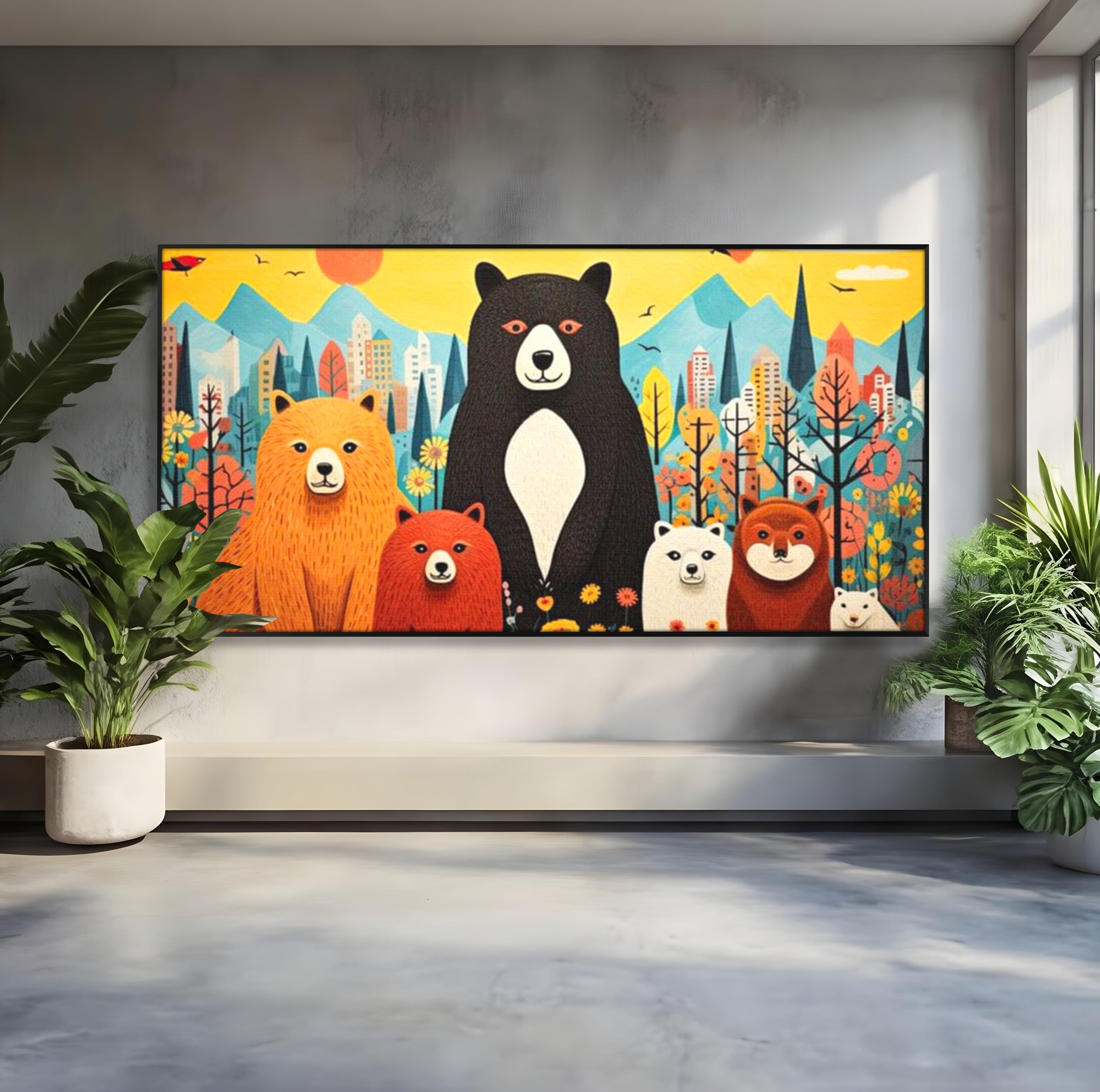 Tablou canvas cu ilustratie cu sapte ursuleti in natura, in rama de aluminiu negru