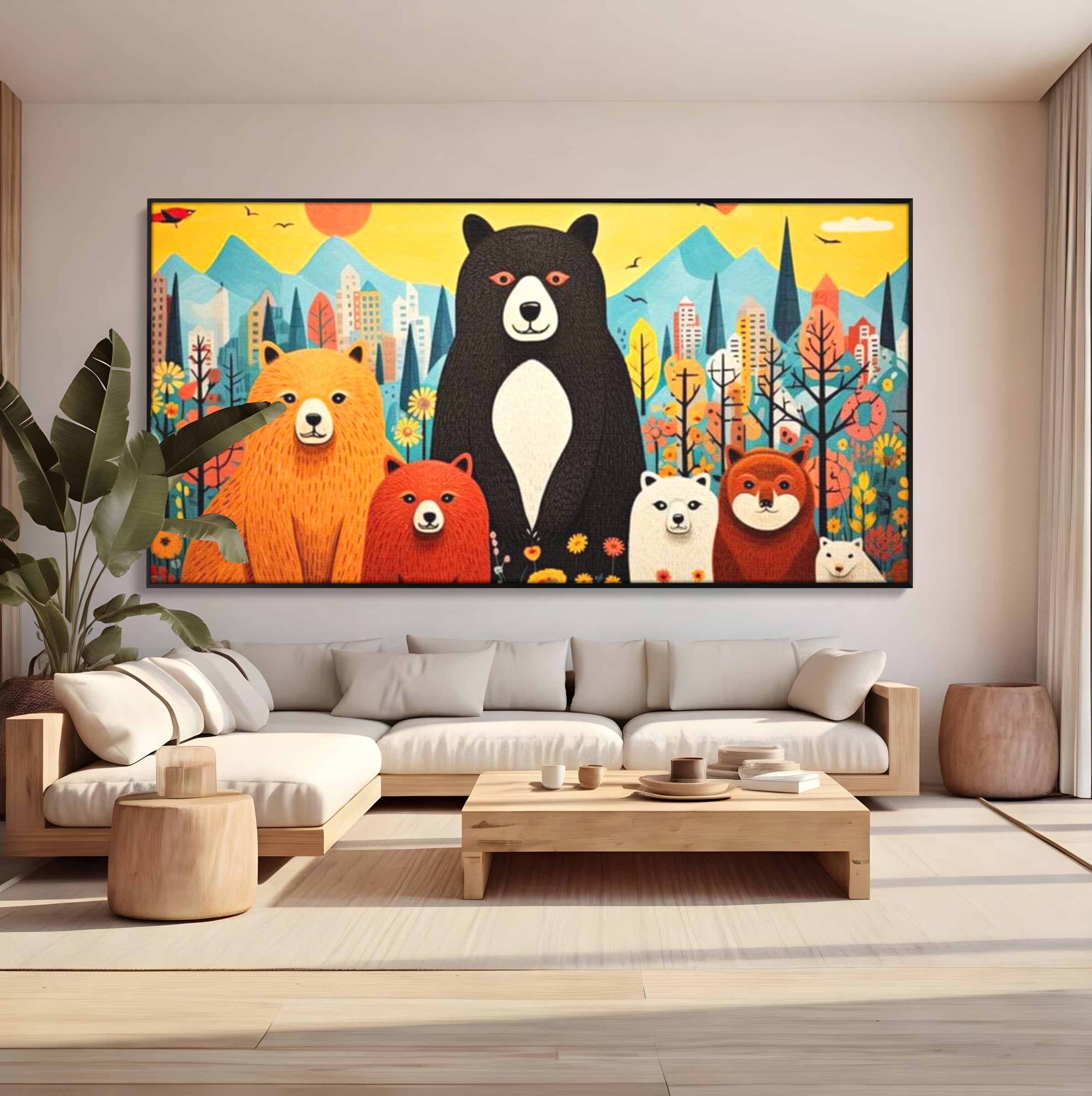 Tablou canvas cu ilustratie cu sapte ursuleti in natura, in rama de aluminiu negru, pe perete intr-un living