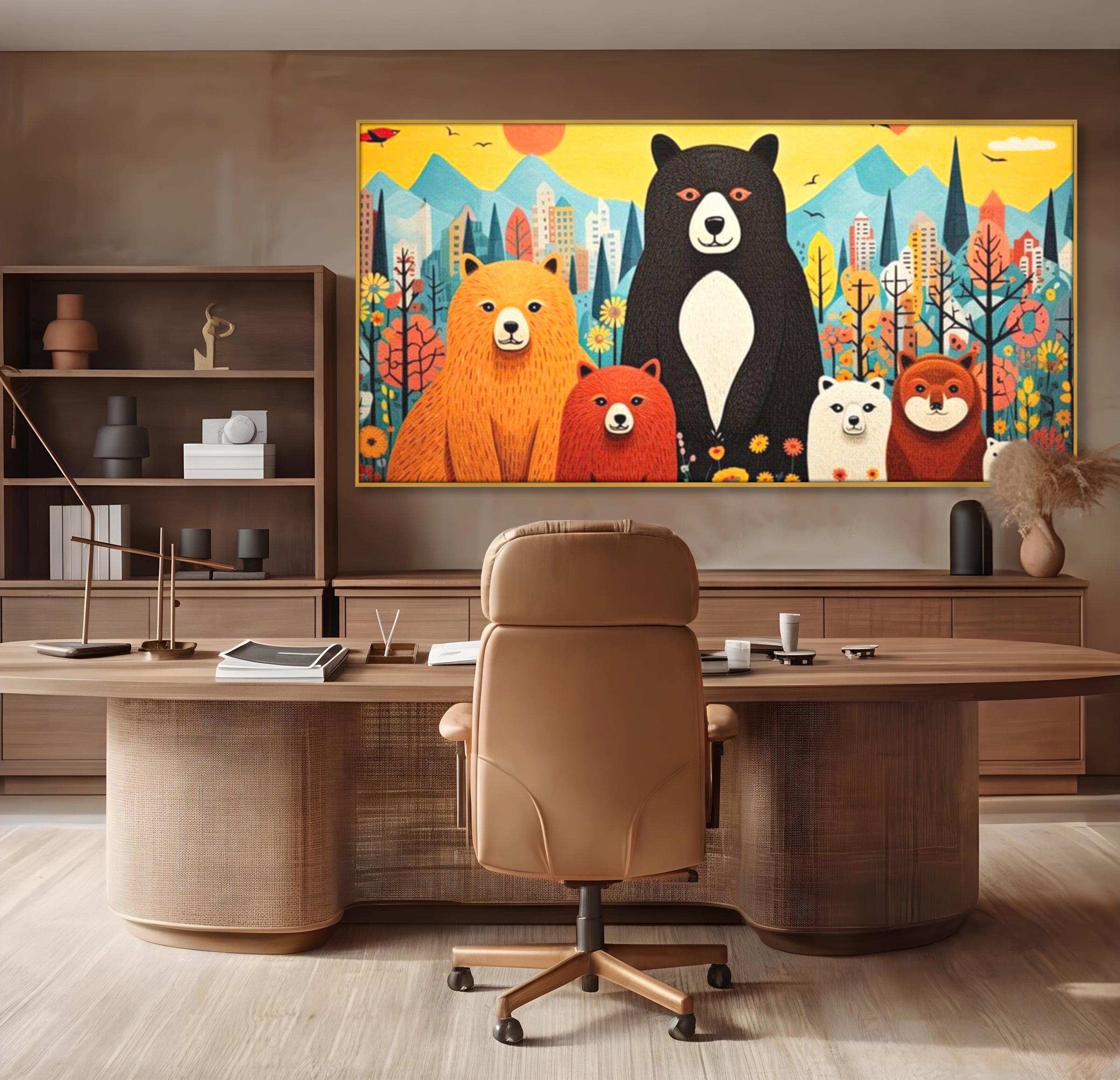 Tablou canvas cu ilustratie cu sapte ursuleti in natura, in rama de aluminiu auriu, pe perete intr-un birou