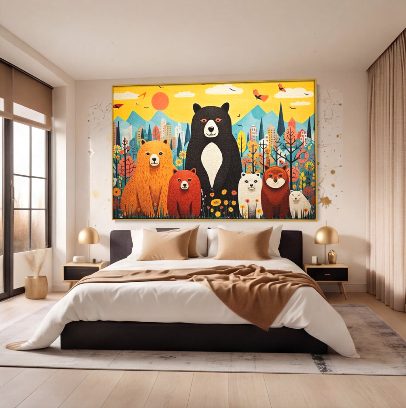 Tablou canvas cu ilustratie cu sapte ursuleti in natura, in rama de aluminiu auriu, pe perete intr-un dormitor