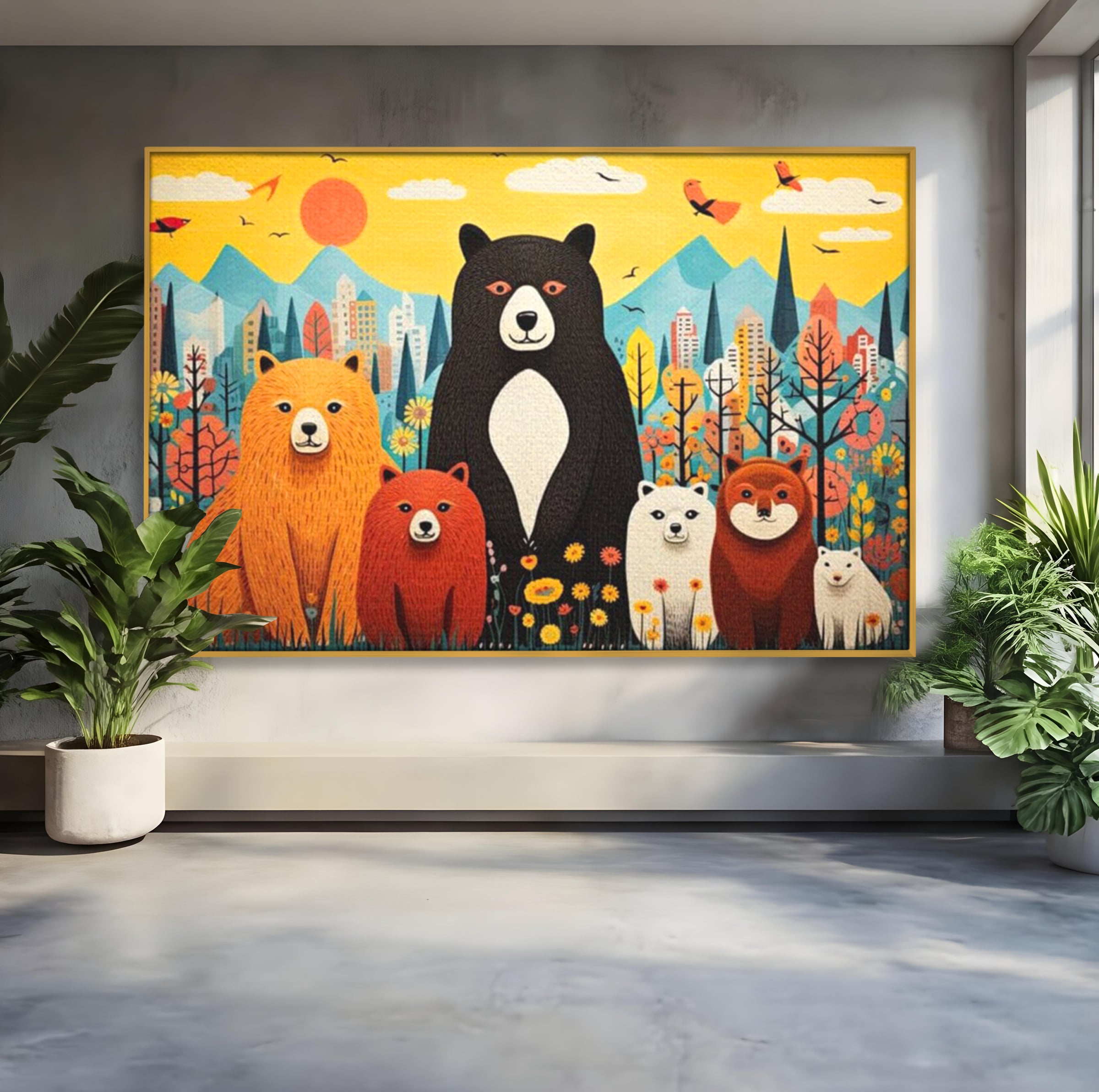 Tablou canvas cu ilustratie cu sapte ursuleti in natura, in rama de aluminiu auriu