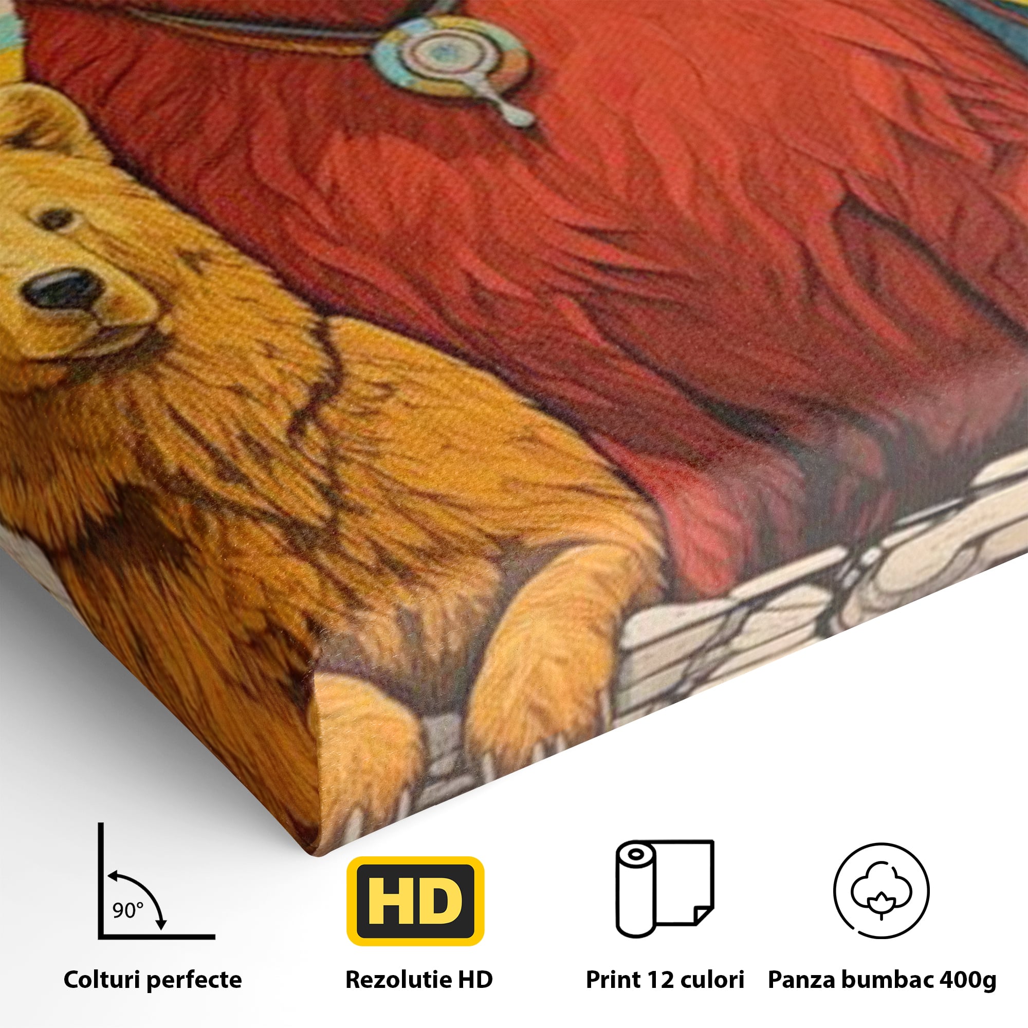 Detaliu al suprafetei: ilustratie digitala cu ursi colorati, fara rama, pe sasiu de lemn