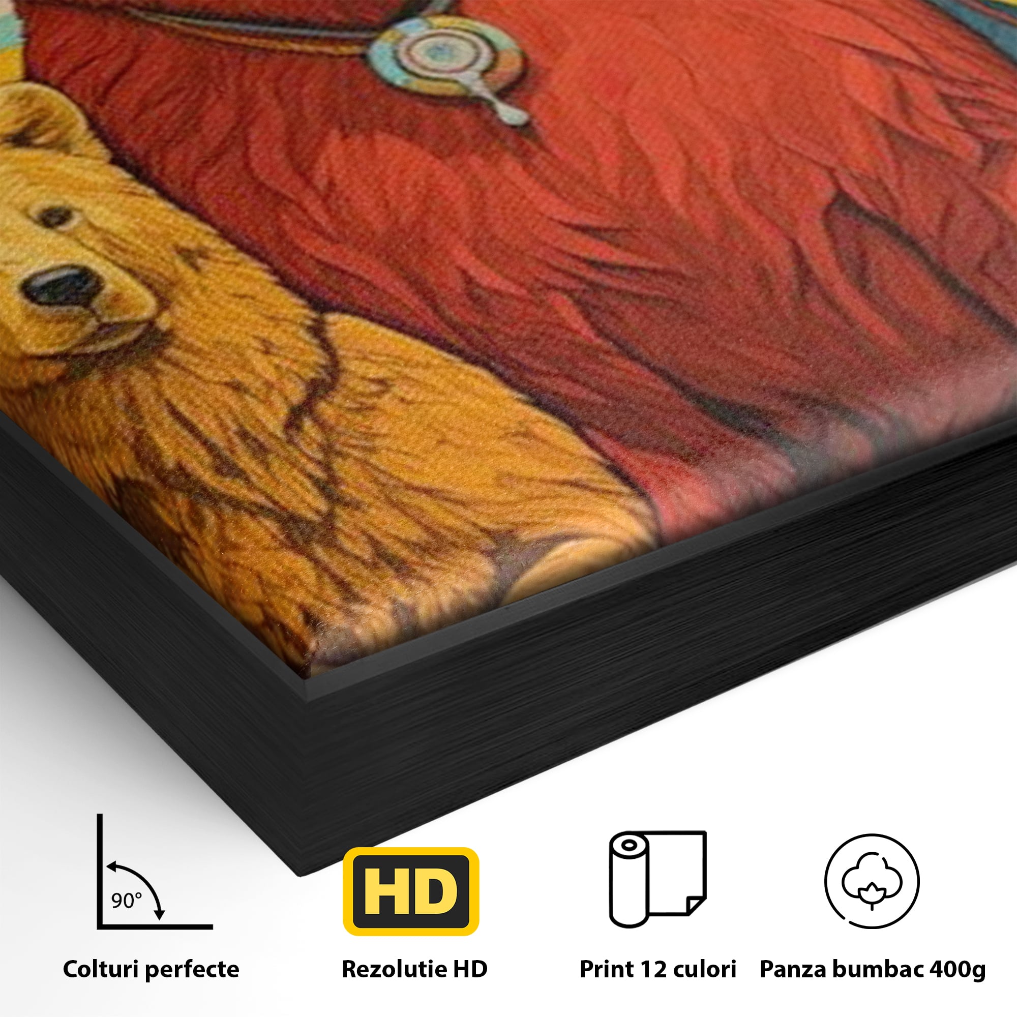Detaliu al suprafetei: ilustratie digitala cu ursi colorati, in rama de aluminiu negru