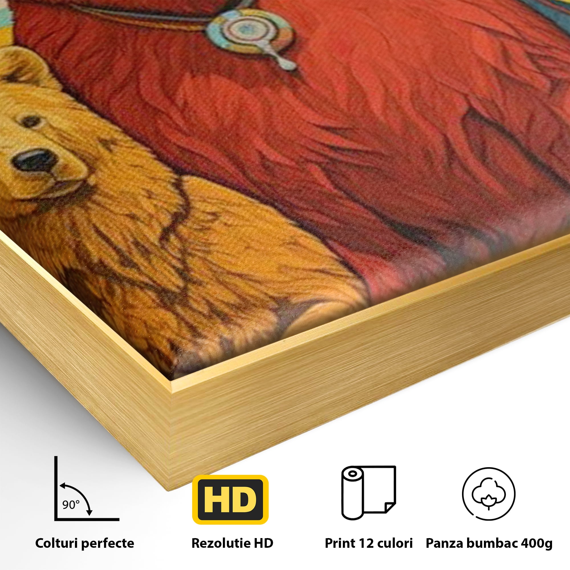 Detaliu al suprafetei: ilustratie digitala cu ursi colorati, in rama de aluminiu auriu