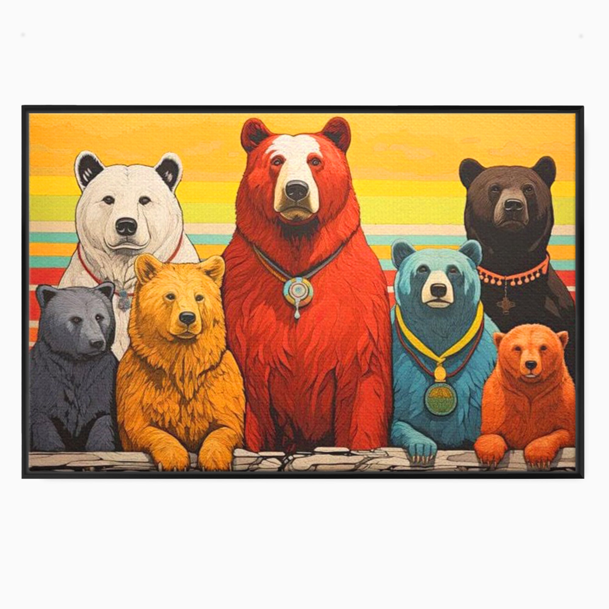 Tablou canvas cu ilustratie digitala cu ursi colorati, in rama de aluminiu negru