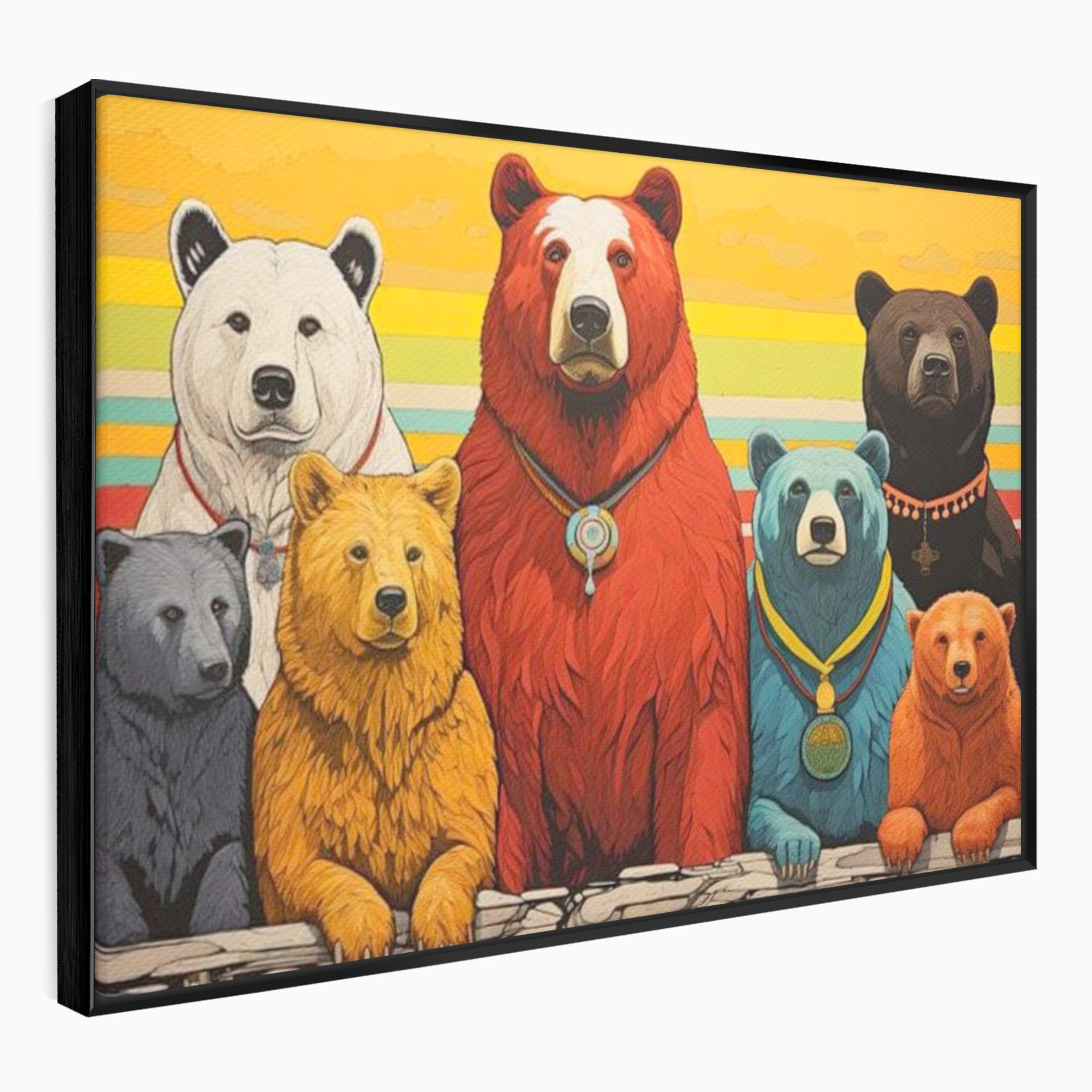 Tablou canvas cu ilustratie digitala cu ursi colorati, in rama de aluminiu negru