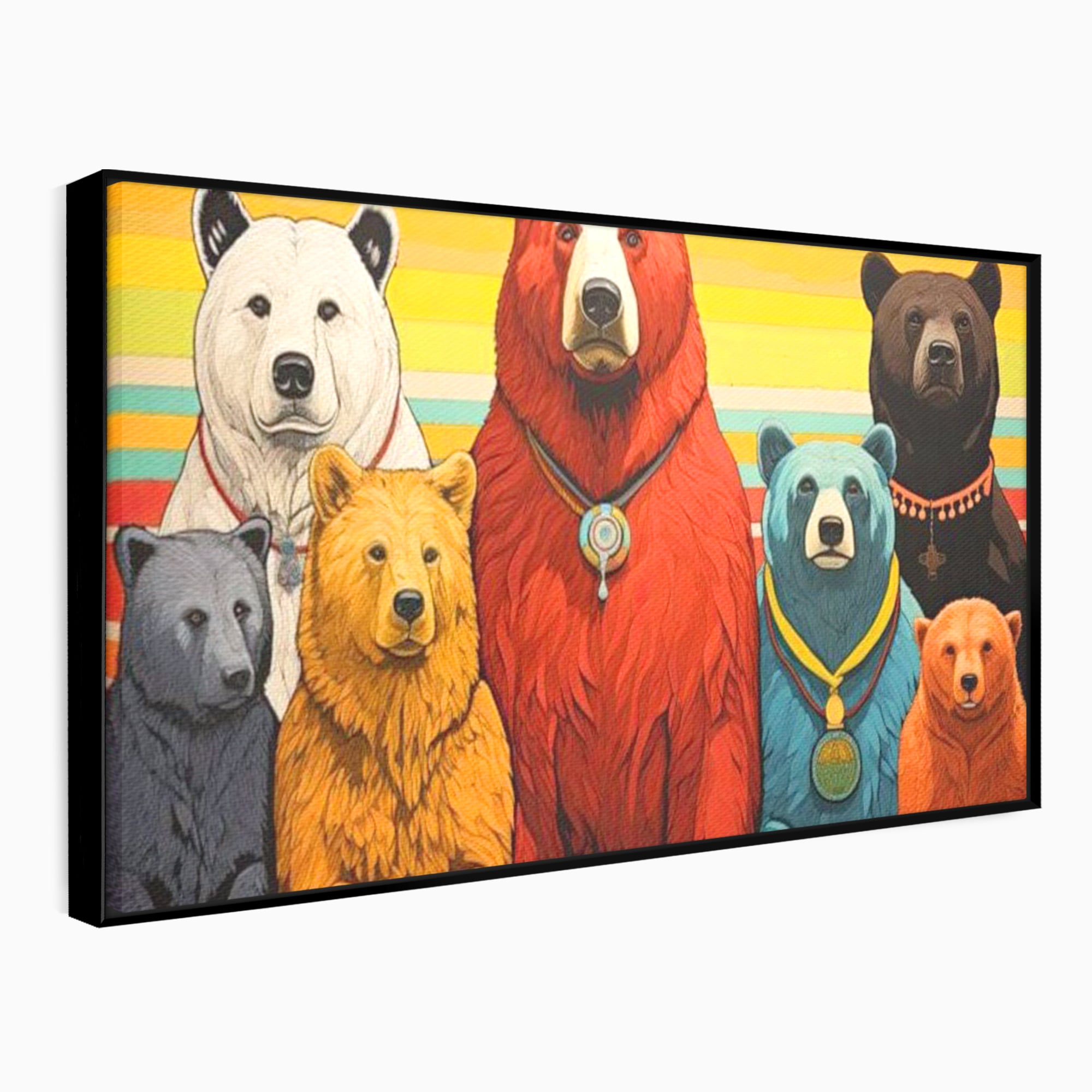 Tablou canvas cu ilustratie digitala cu ursi colorati, in rama de aluminiu negru