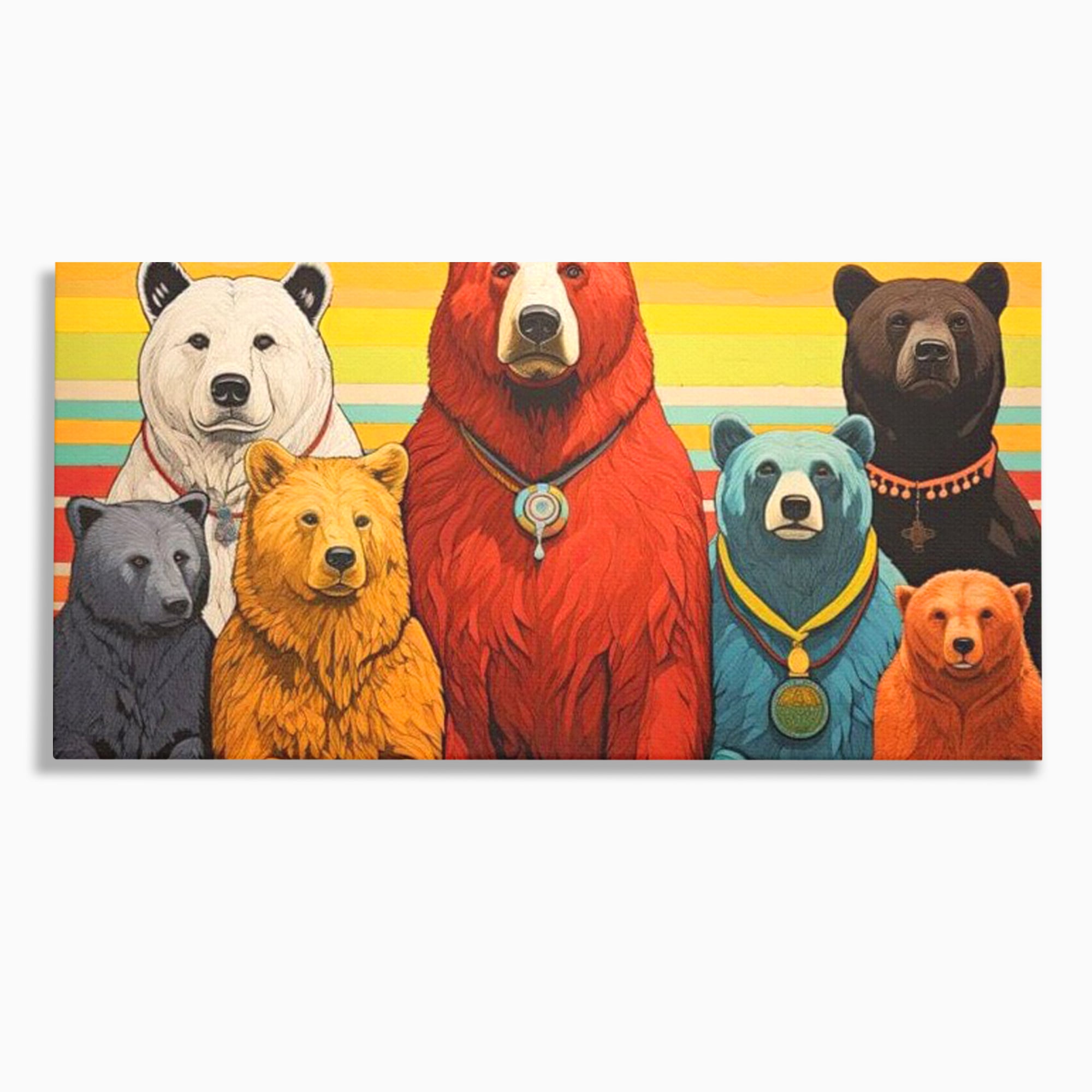 Tablou canvas cu ilustratie digitala cu ursi colorati, fara rama, pe sasiu de lemn