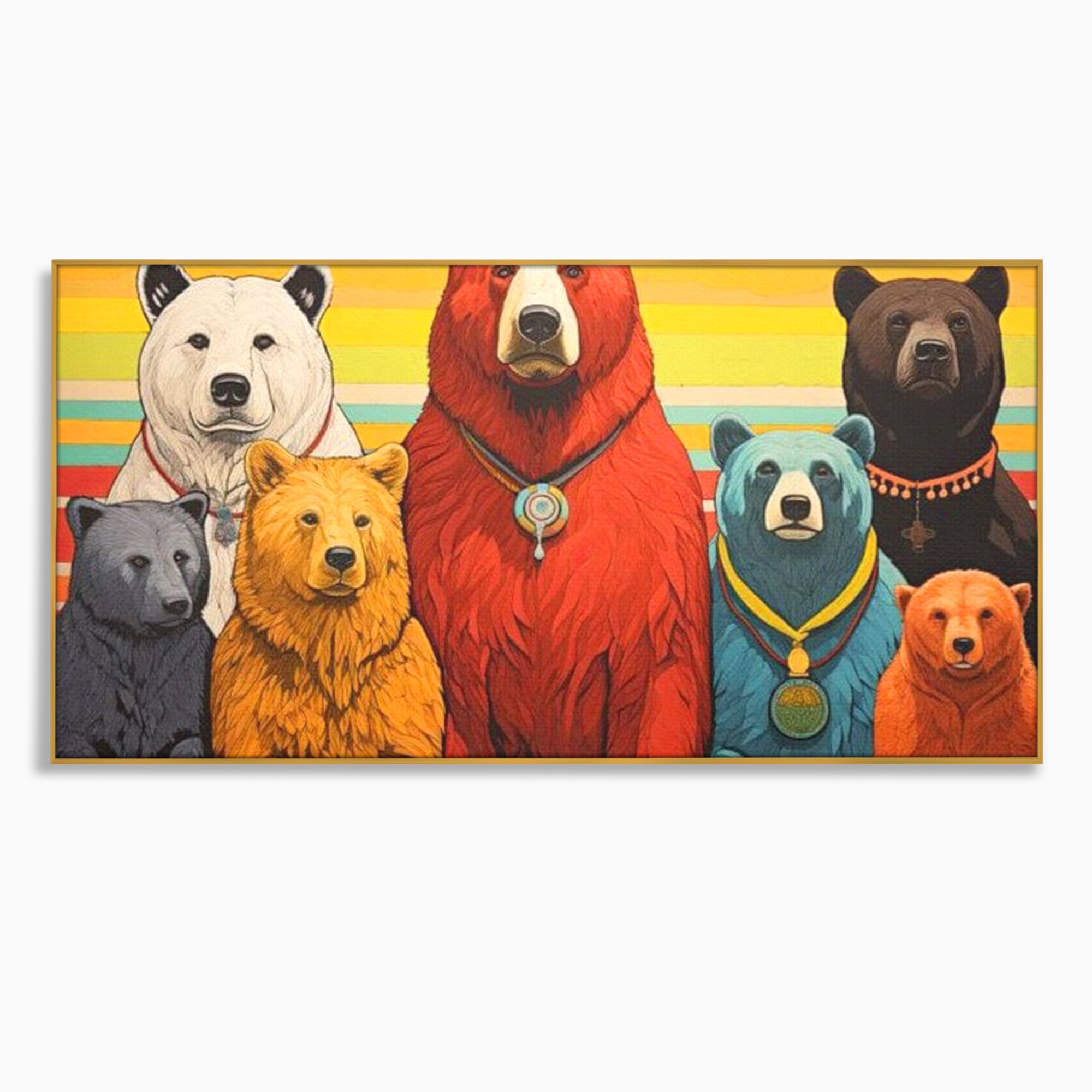 Tablou canvas cu ilustratie digitala cu ursi colorati, in rama de aluminiu auriu