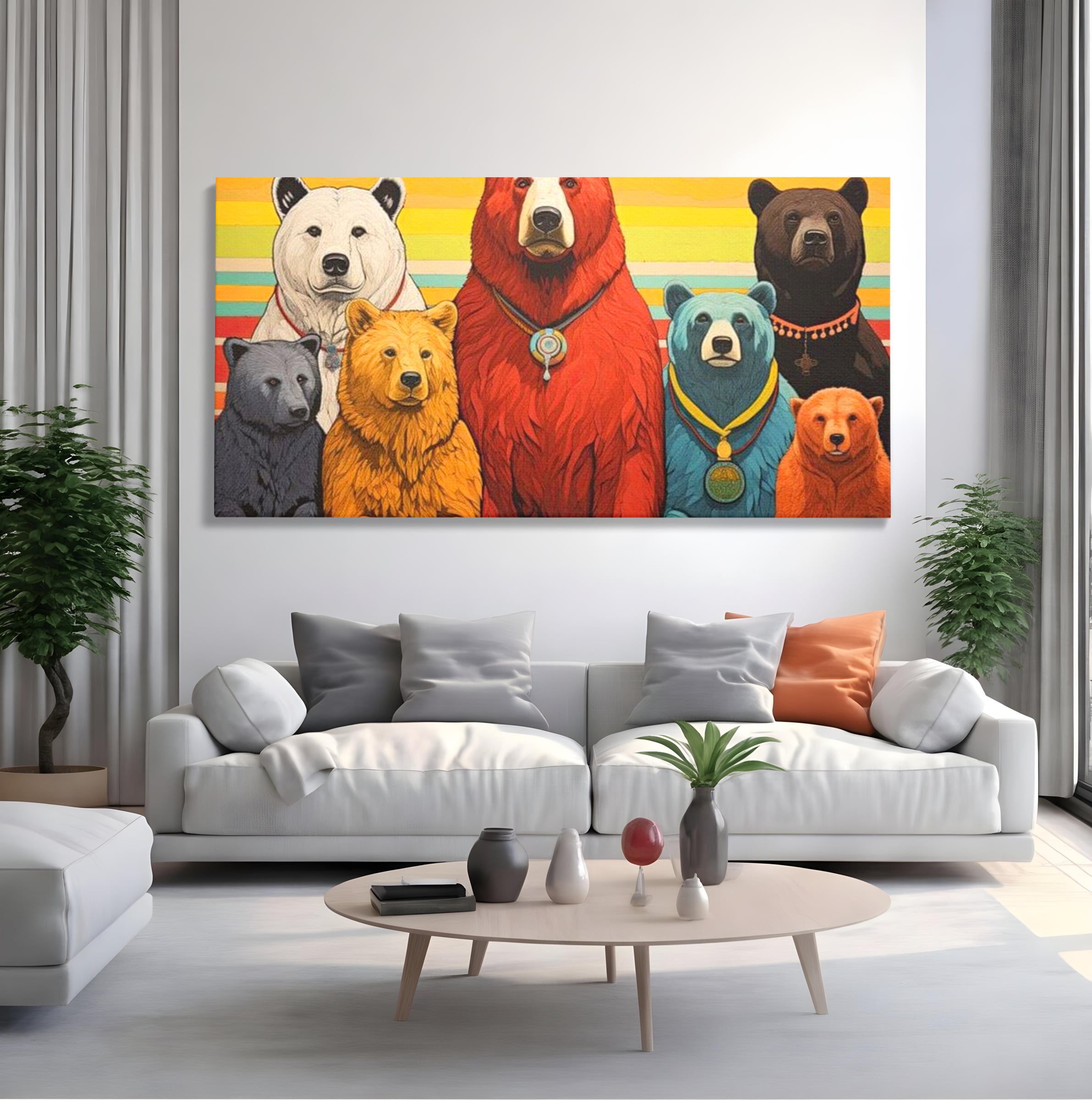 Tablou canvas cu ilustratie digitala cu ursi colorati, fara rama, pe sasiu de lemn, pe perete intr-un living