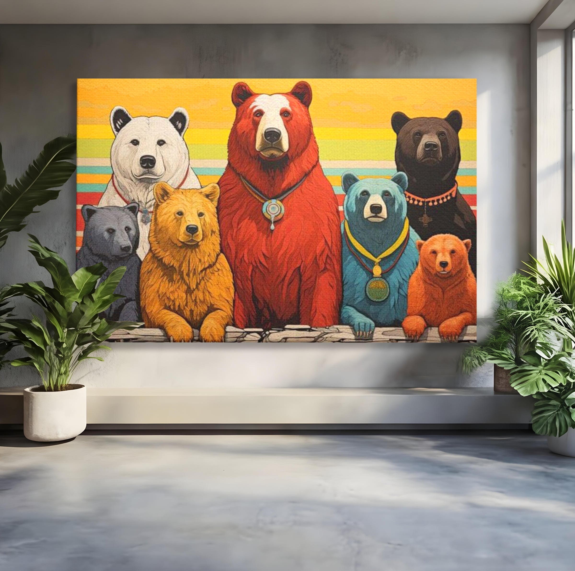 Tablou canvas cu ilustratie digitala cu ursi colorati, fara rama, pe sasiu de lemn
