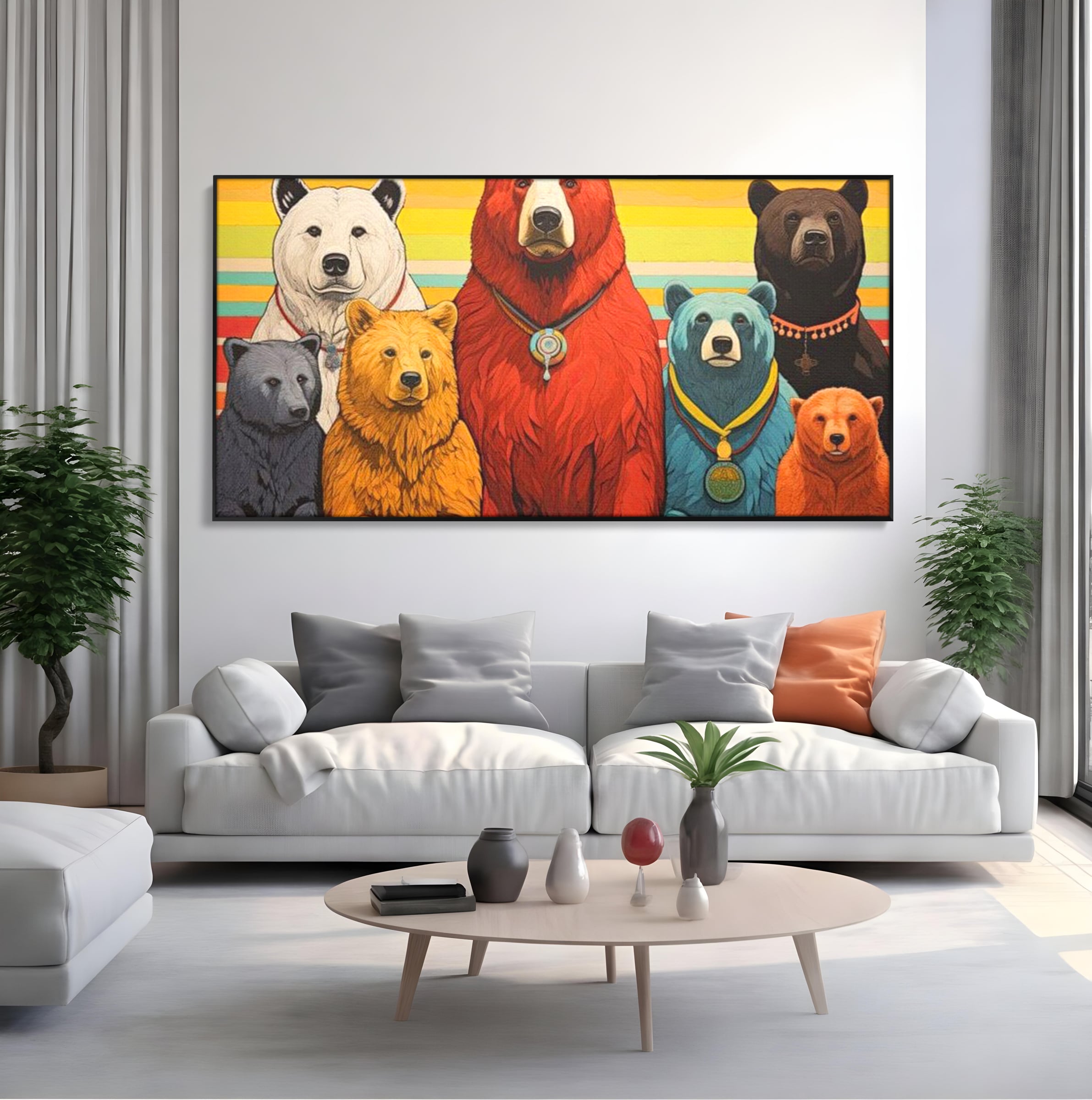 Tablou canvas cu ilustratie digitala cu ursi colorati, in rama de aluminiu negru, pe perete intr-un living