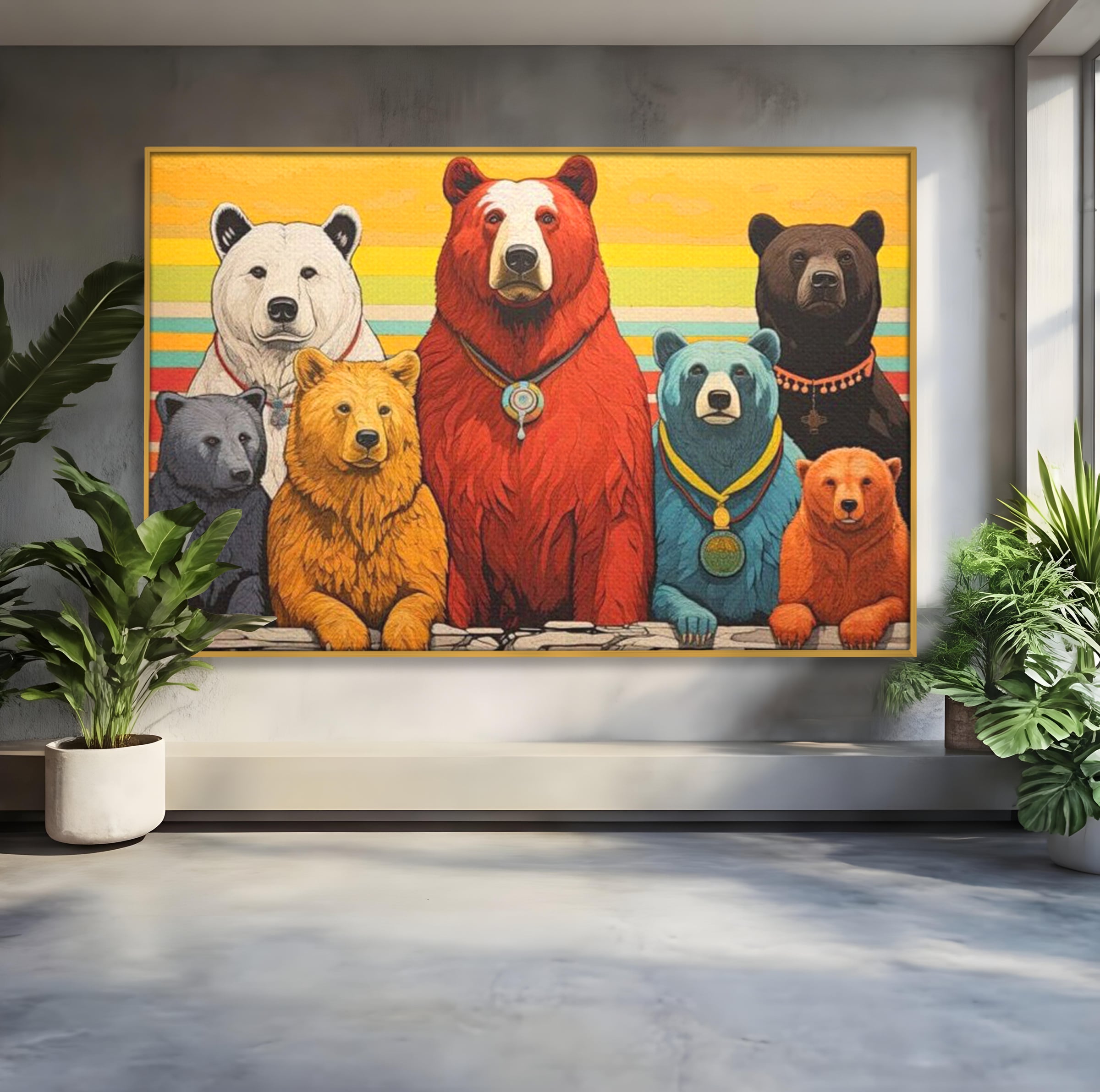 Tablou canvas cu ilustratie digitala cu ursi colorati, in rama de aluminiu auriu