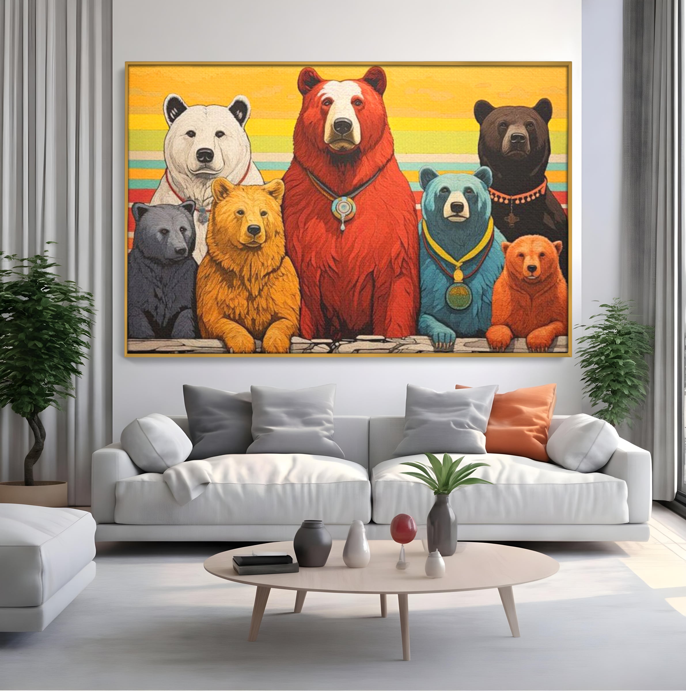 Tablou canvas cu ilustratie digitala cu ursi colorati, in rama de aluminiu auriu, pe perete intr-un living