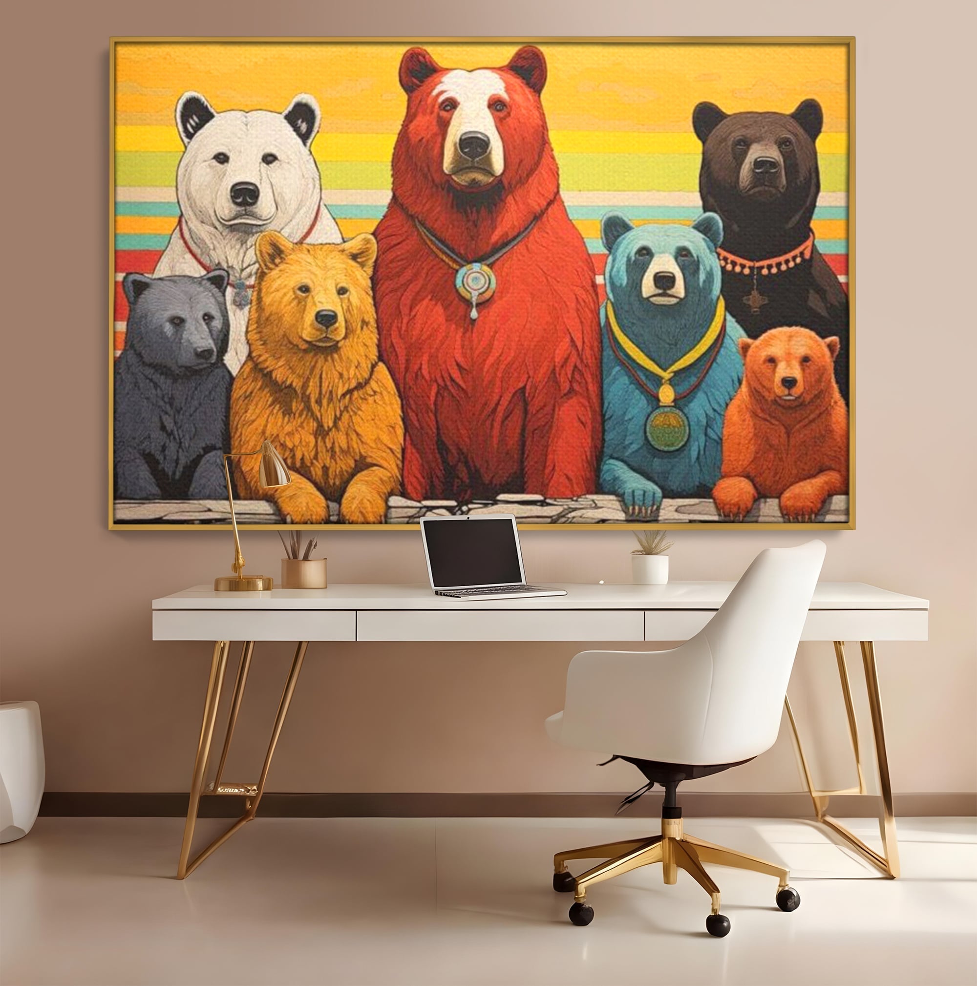Tablou canvas cu ilustratie digitala cu ursi colorati, in rama de aluminiu auriu, pe perete intr-un birou