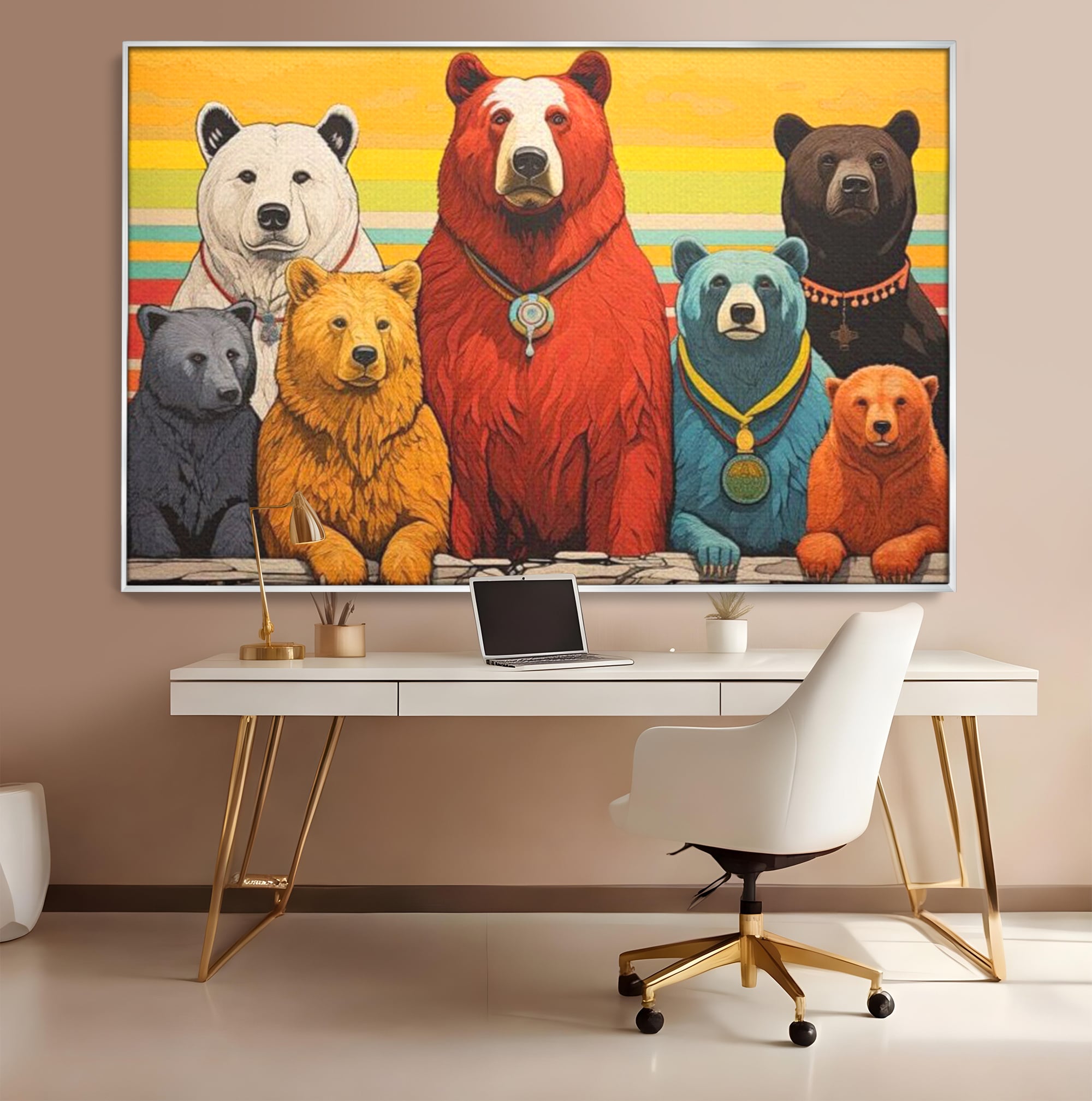 Tablou canvas cu ilustratie digitala cu ursi colorati, in rama de aluminiu argintiu, pe perete intr-un birou