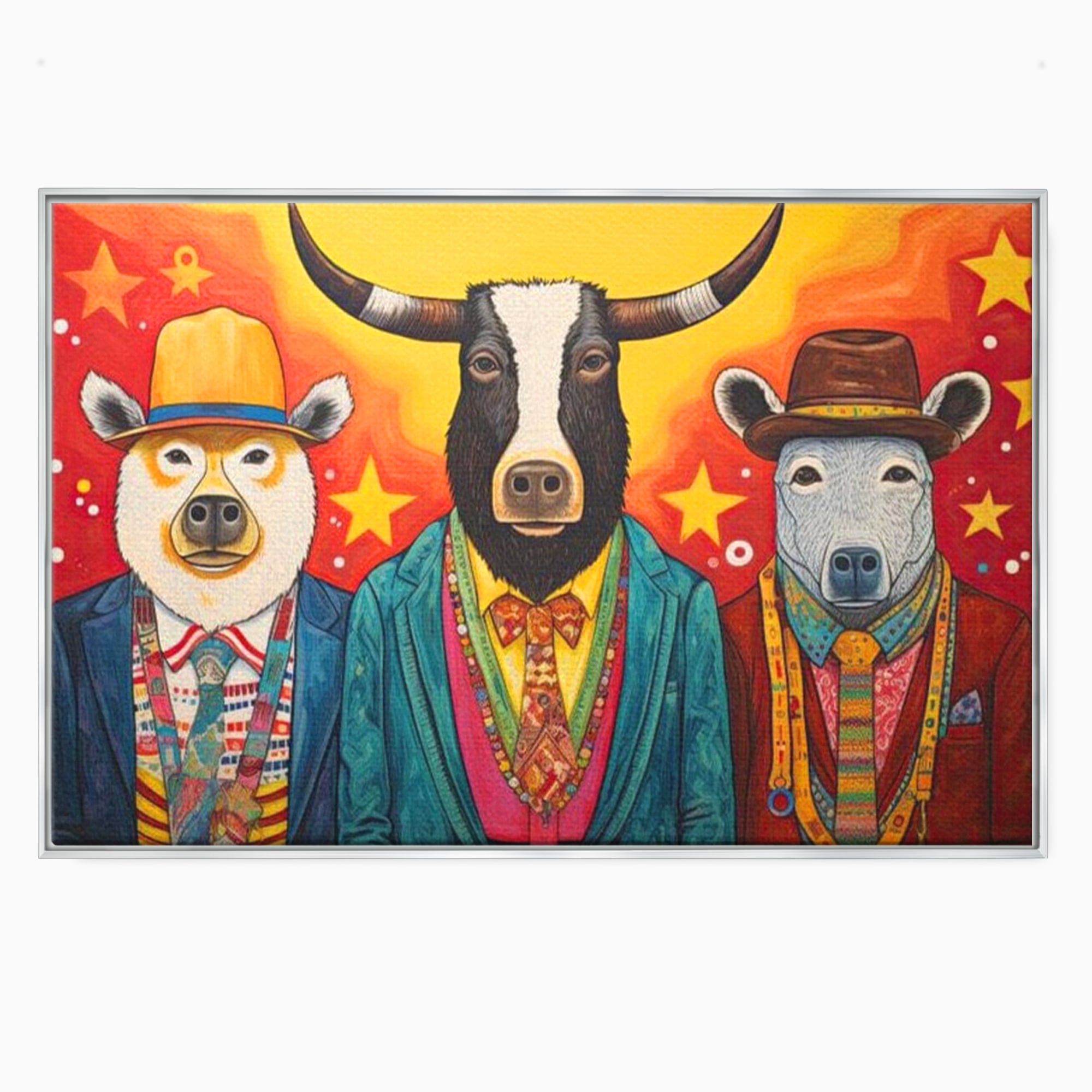 Tablou canvas cu tablou canvas cu trei animale antropomorfe stilizate, in rama de aluminiu argintiu