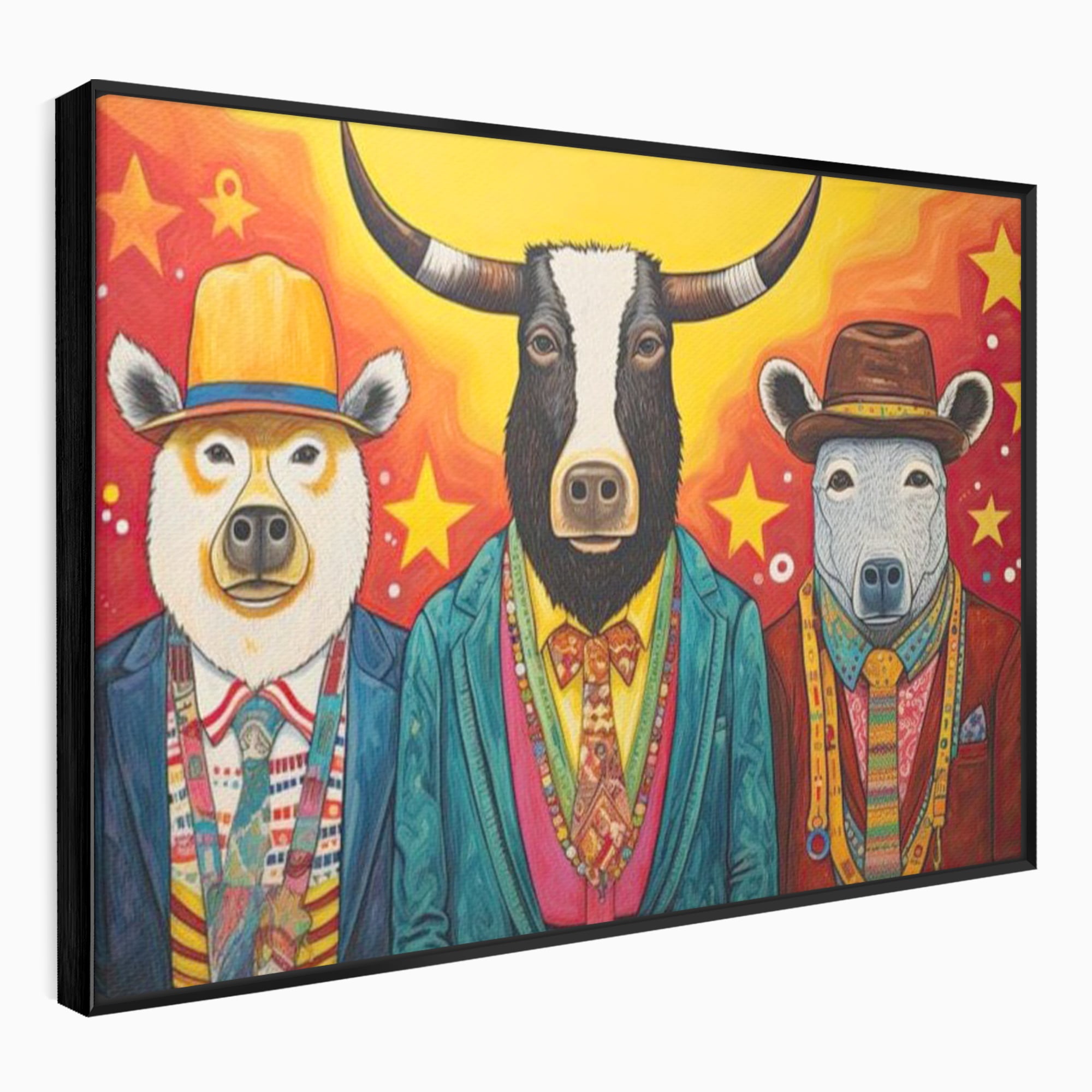 Tablou canvas cu tablou canvas cu trei animale antropomorfe stilizate, in rama de aluminiu negru