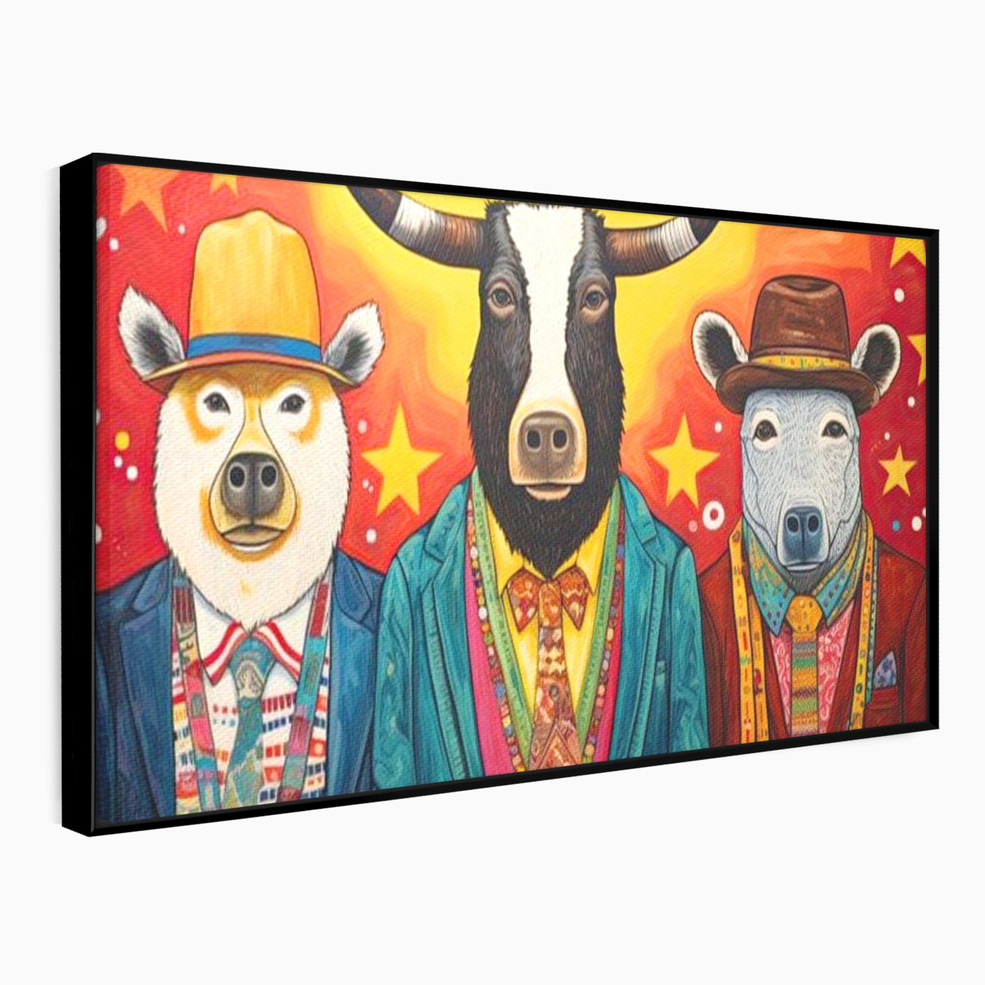 Tablou canvas cu tablou canvas cu trei animale antropomorfe stilizate, in rama de aluminiu negru