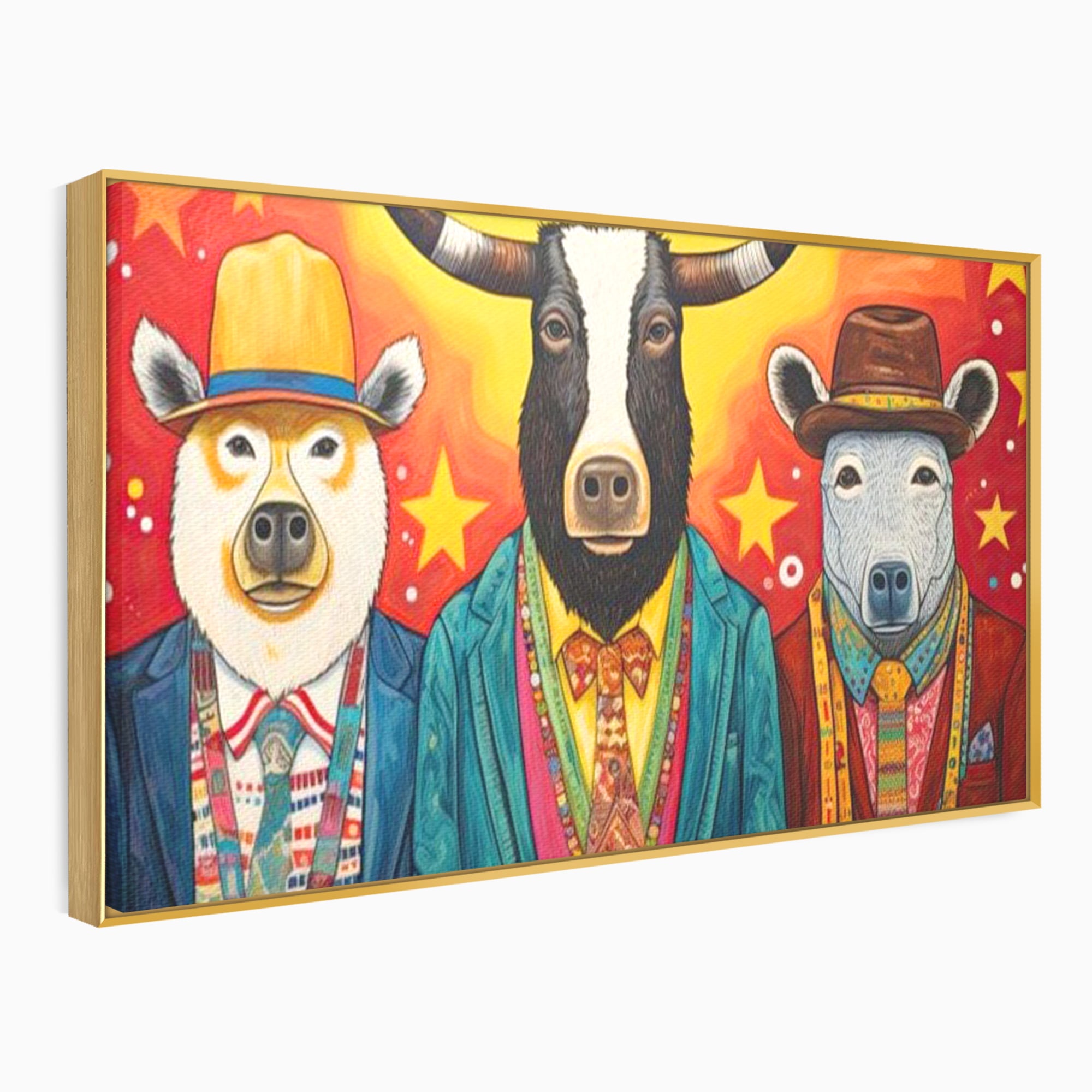 Tablou canvas cu tablou canvas cu trei animale antropomorfe stilizate, in rama de aluminiu auriu
