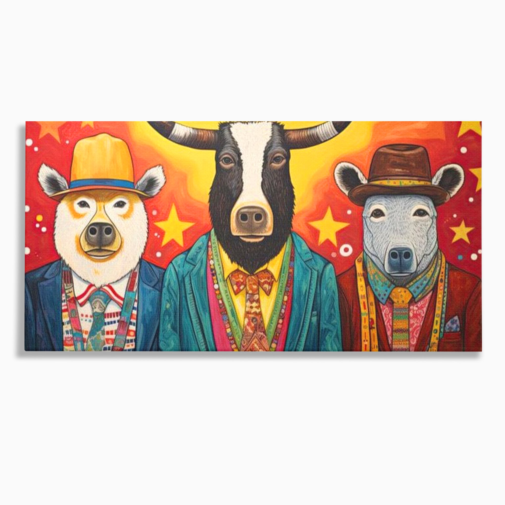 Tablou canvas cu tablou canvas cu trei animale antropomorfe stilizate, fara rama, pe sasiu de lemn