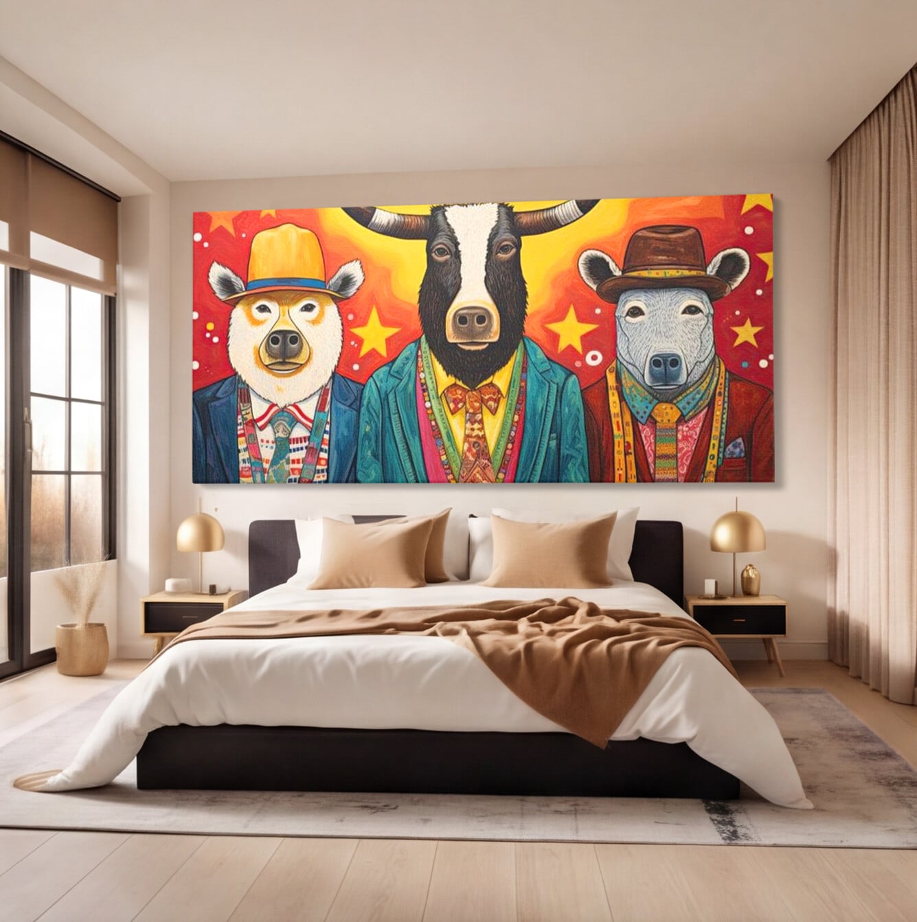Tablou canvas cu tablou canvas cu trei animale antropomorfe stilizate, fara rama, pe sasiu de lemn, pe perete intr-un dormitor
